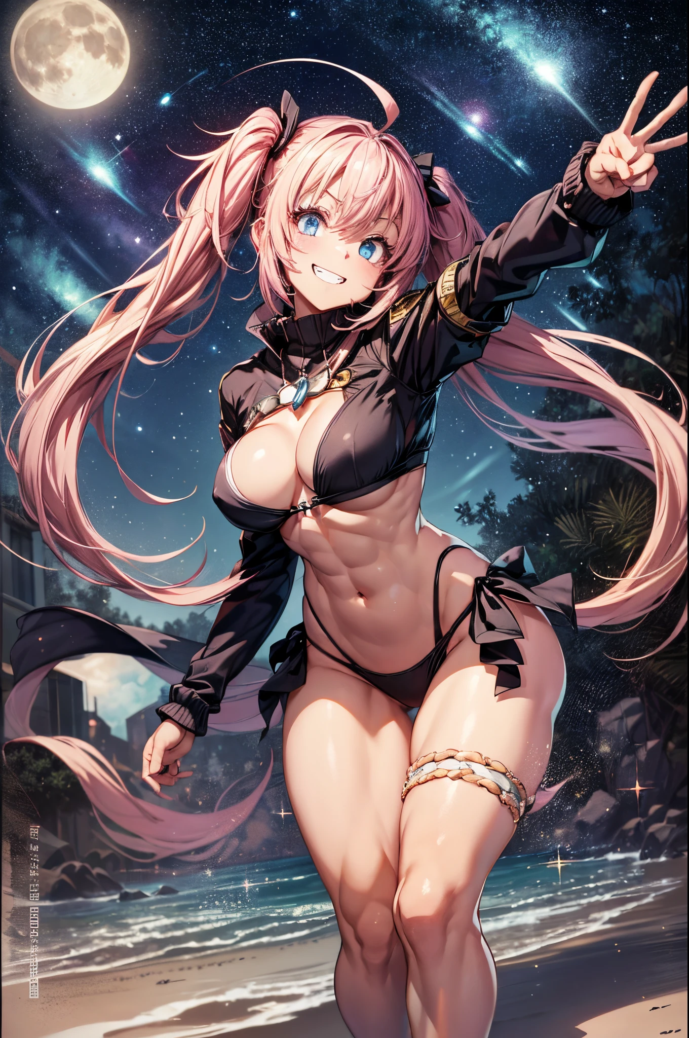 1 girl, (medium boobs))) (((big ass))), (mischievous smile), (showing teeth), (((very short bikini))), (long pink hair), (((eyes blue))), (on the beach at night with a starry sky and a moon full of blood), (slender), (thin waist), (butt only), legs (slim and muscular), muscular belly, bare feet, ((( full body photo))), (standing), (((doing the peace pose))), twintails, sparkling eyes, eye reflection, sulking, anime, anime style, ray tracing, sparkle, drop shadow, (camera from below), panorama, Sony FE, 8k, UHD, masterpiece, ccurate, anatomically correct, super detail, best quality, highres, HD, 16k