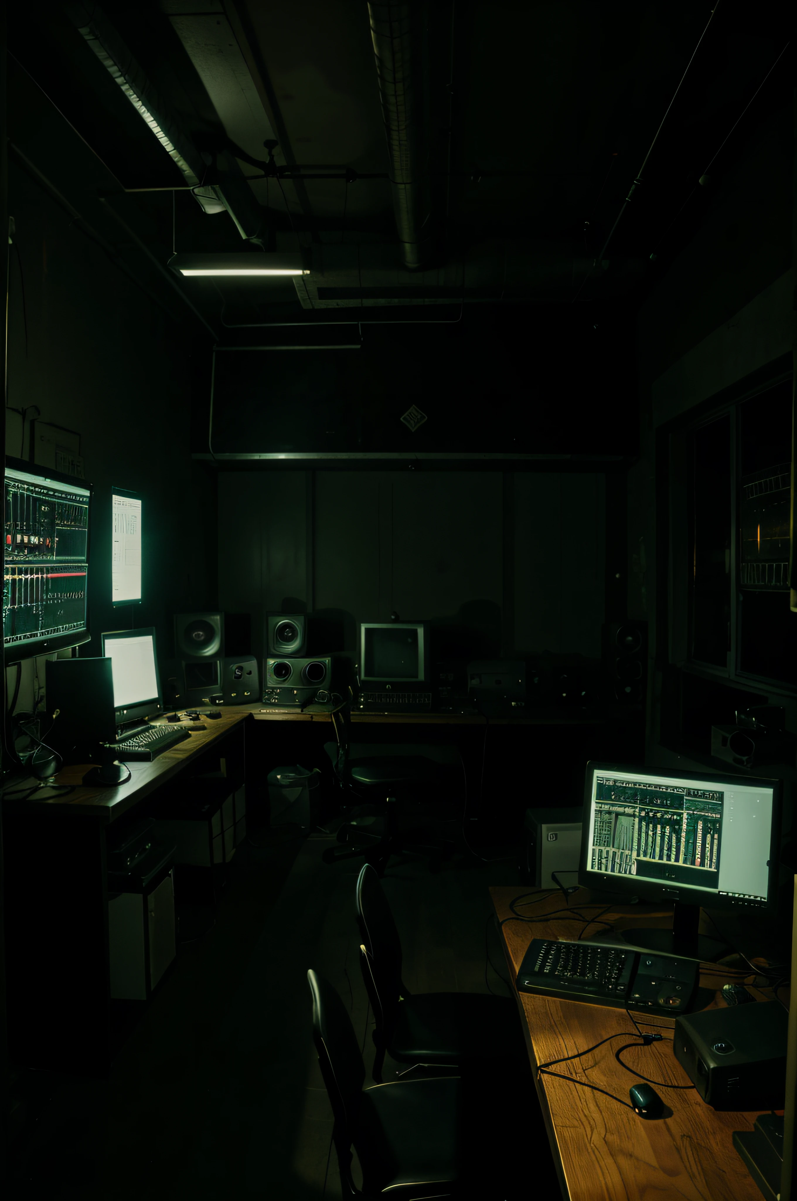A crowded old sound monitoring room with a scary atmosphere at night with several monitors on the table.