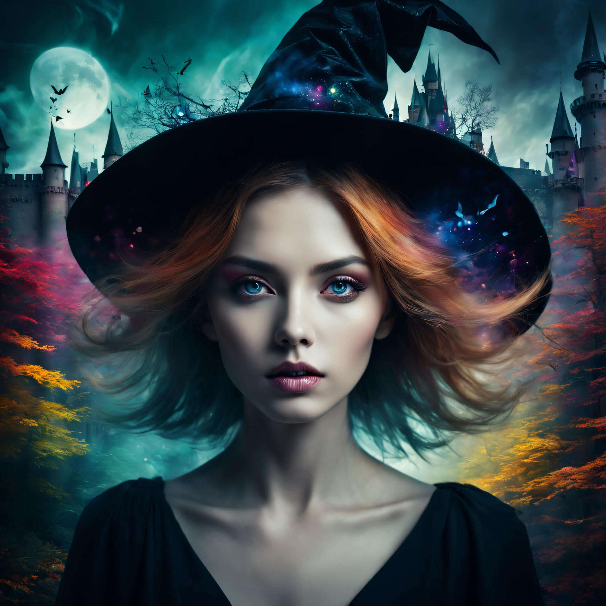 (best qualtiy,4k,8k,high rise,tmasterpiece:1.2),super-fine,(realisticlying,Foto realism,Photo fidelity:1.37),Portrait of a witch,double exposure effect,dramatic lights,Vivid colors,long exposure technology,creative composition,artsy photography,hight contrast,abstract elements,Emotionally captivating,Expressive eyes,Soft focus,vague background,Beautiful detail lips,Multiple exposures,Different Perspectives、colorful magic forest,Castle。distinct texture、overlapping images、A harmonious blend of themes、art story、Surreal atmosphere、Experimental Technology、imaginative exploration、artistic expression、Artistic interpretation、Creative experimentation、personal narrative、Layered composition、Ethereal aesthetics、Striking visual impact、visual depth、magic realism、Poetic atmosphere,detailed meticulous,Visual poetry
