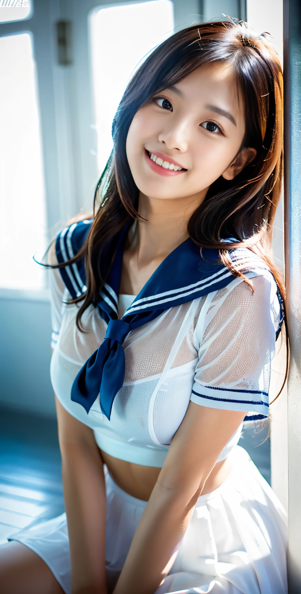 ulzzang -6500-v1.1, (Raw photo:1.2), (Photorealsitic), (See-through:1.3),white serafuku,sailor dress, game_nffsw,  White theme,School uniform, Sailor Suit, Looking at Viewer,  Maniacal, messy long hair, Beautiful detailed eyes,Hair glows,Dramatic Angle,blue sailor collar, perky breast,lightsmile, Ultra-realistic skin texture, shinny skin, Exposed thighs!!!