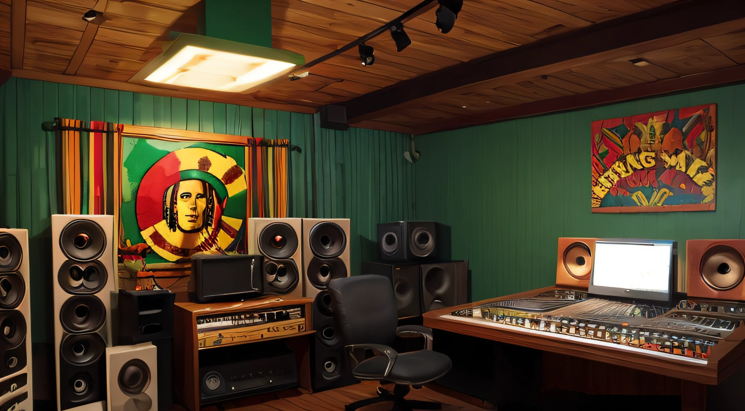 Reggae music studio, Bob Marley with reggae hat smoking a joint