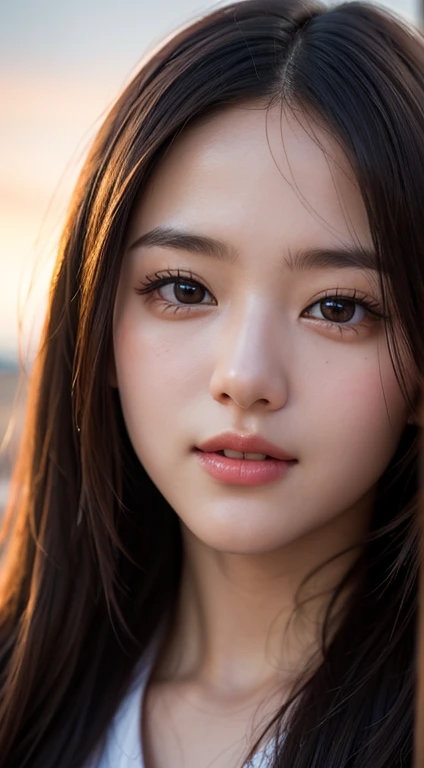 close-up, masterpiece, best quality, raw photo, photorealism, smile, beautiful girl, cute, long hair, depth of field, high resolution, ultra detail, detail, highly detailed eyes and face, sharp pupils, realistic pupils, sharp focus, cinematic lighting