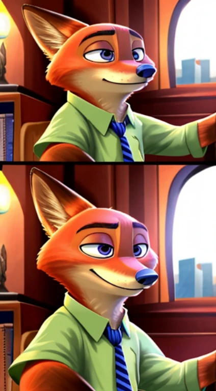 tmasterpiece, Better quality, , Alone, 1 boy,Alone,Cartoon fox wearing tie and shirt, 《Zootopia》Nick Wilde, Nick Wilde, Zootopia style, zootopia movie style, Disney Zootopia style, full body close-up shot, Disney style furry, zoo style, Disney Pixar Zootopia, in zootopia city, zootopia concept art