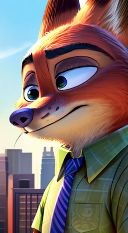 tmasterpiece, Better quality, , Alone, 1 boy,Alone,Cartoon fox wearing tie and shirt, 《Zootopia》Nick Wilde, Nick Wilde, Zootopia style, zootopia movie style, Disney Zootopia style, full body close-up shot, Disney style furry, zoo style, Disney Pixar Zootopia, in zootopia city, zootopia concept art