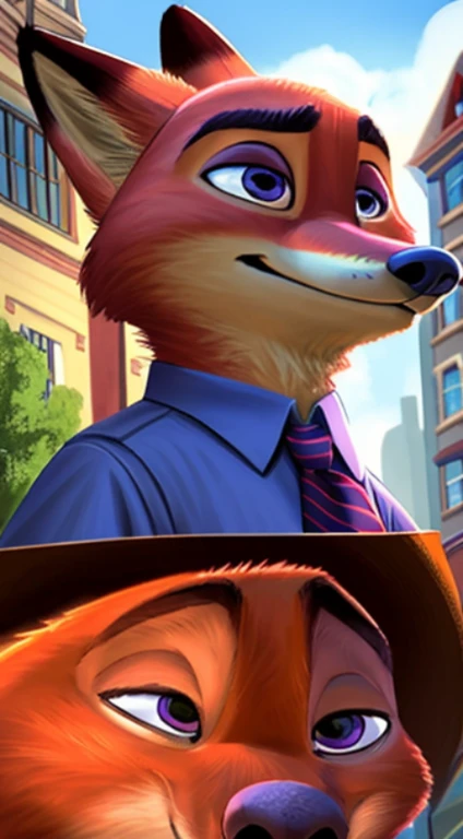 tmasterpiece, Better quality, , Alone, 1 boy,Alone,Cartoon fox wearing tie and shirt, 《Zootopia》Nick Wilde, Nick Wilde, Zootopia style, zootopia movie style, Disney Zootopia style, full body close-up shot, Disney style furry, zoo style, Disney Pixar Zootopia, in zootopia city, zootopia concept art