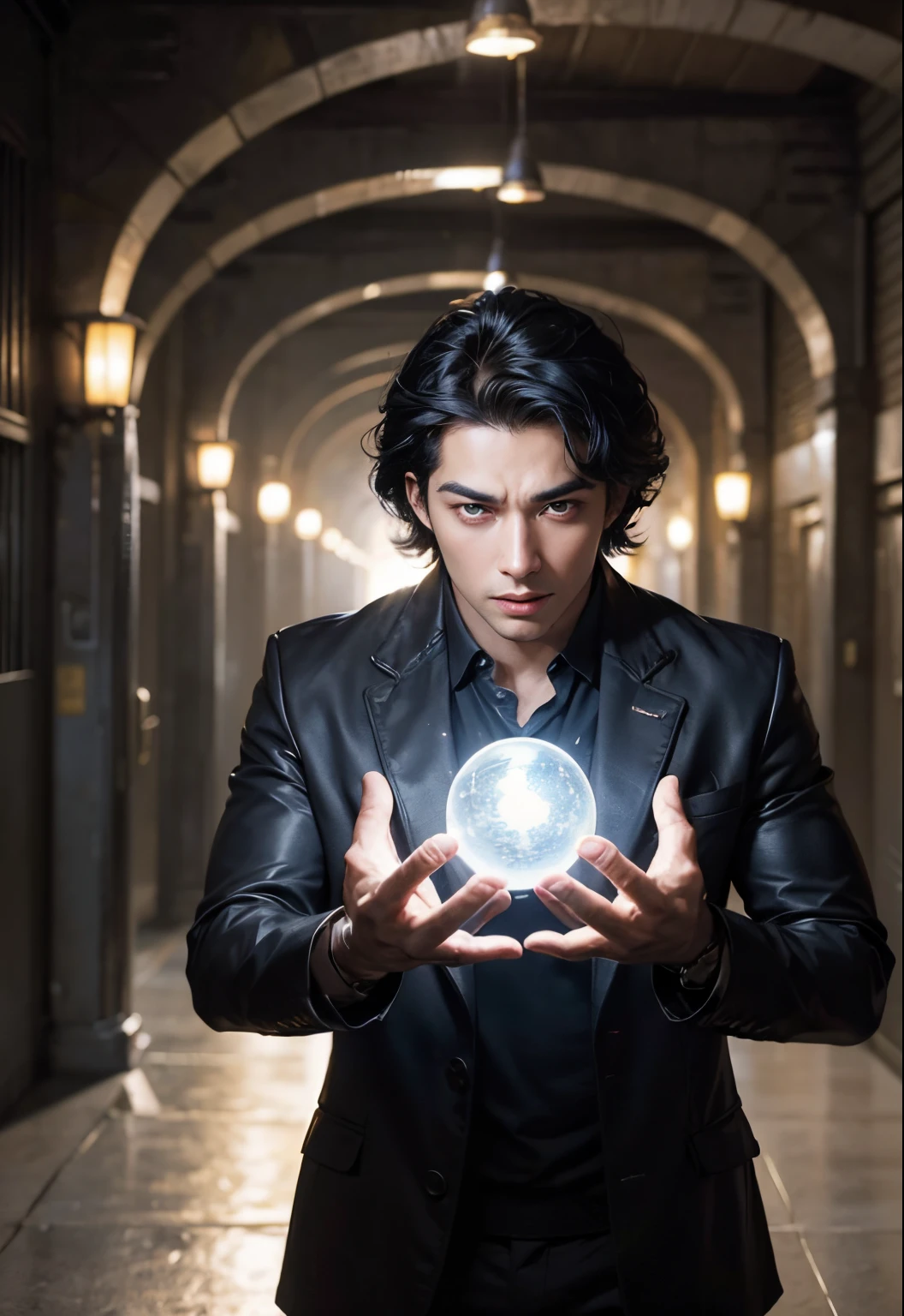 He has an angry expression on his face.A beautiful man is holding both palms of his hands toward the camera. A magical ball of light that shines brightly is created there. The man has black hair. Late twenties. Beautiful double eyes. The bridge of my nose. Well-shaped lips. wearing a jacket. He is standing on a steel hallway.