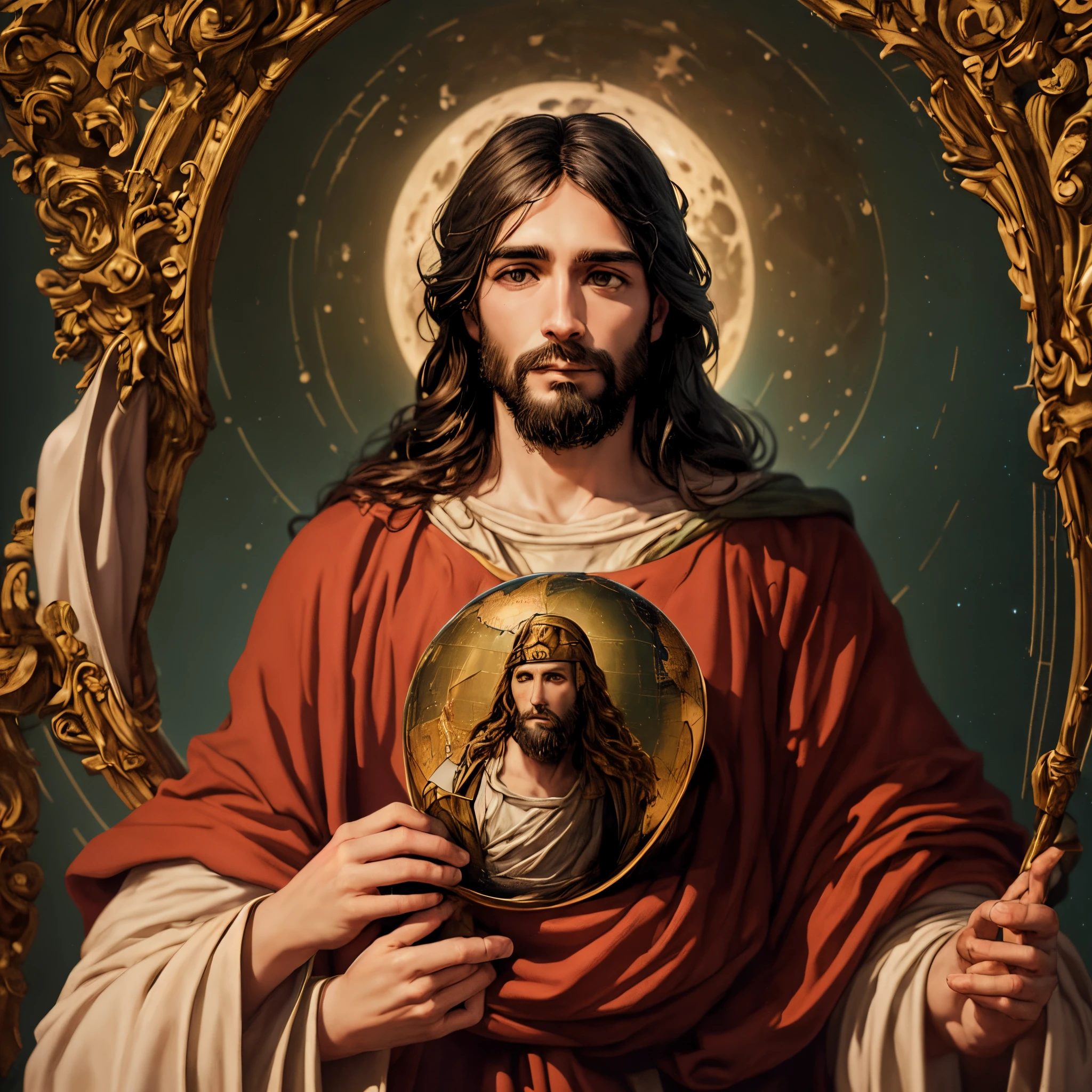 Jesus segurando um globo com lua cheia ao fundo, creation of the world, Jesus Cristo, Cyberpunk Jesus Cristo, Retrato de Jesus Cristo, Jovem Deus Todo-Poderoso, Jesus Cristo em Mass Effect, governante do mundo, Jesus, imagens sagradas, O Criador da Terra, holding holy symbol, catholic religious art, holding a holy symbol, jesus of nazareth