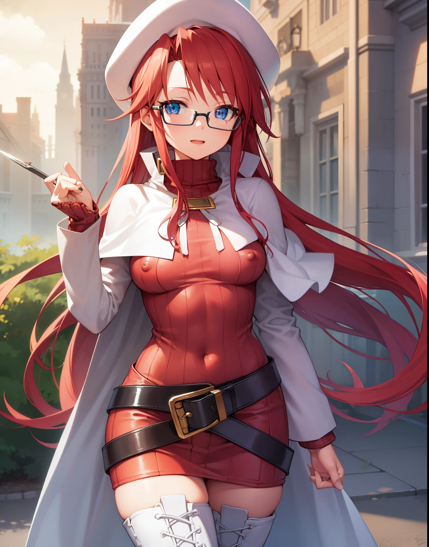 summonnightaty, aty, long hair, blue eyes, red hair, beret, hat, glasses,
BREAK long hair, thighhighs, hat, dress, boots, glasses, belt, cape, sweater, zettai ryouiki, beret, thigh boots, white footwear, ribbed sweater, loose belt,,
BREAK outdoors, fantasy_town,
BREAK (masterpiece:1.2), best quality, high resolution, unity 8k wallpaper, (illustration:0.8), (beautiful detailed eyes:1.6), extremely detailed face, perfect lighting, extremely detailed CG, (perfect hands, perfect anatomy),(covered_nipples:1.3),covered_navel,light_smile,dynamic_posing,(half_eyes:1.2),light_open_mouth,sword,walking,