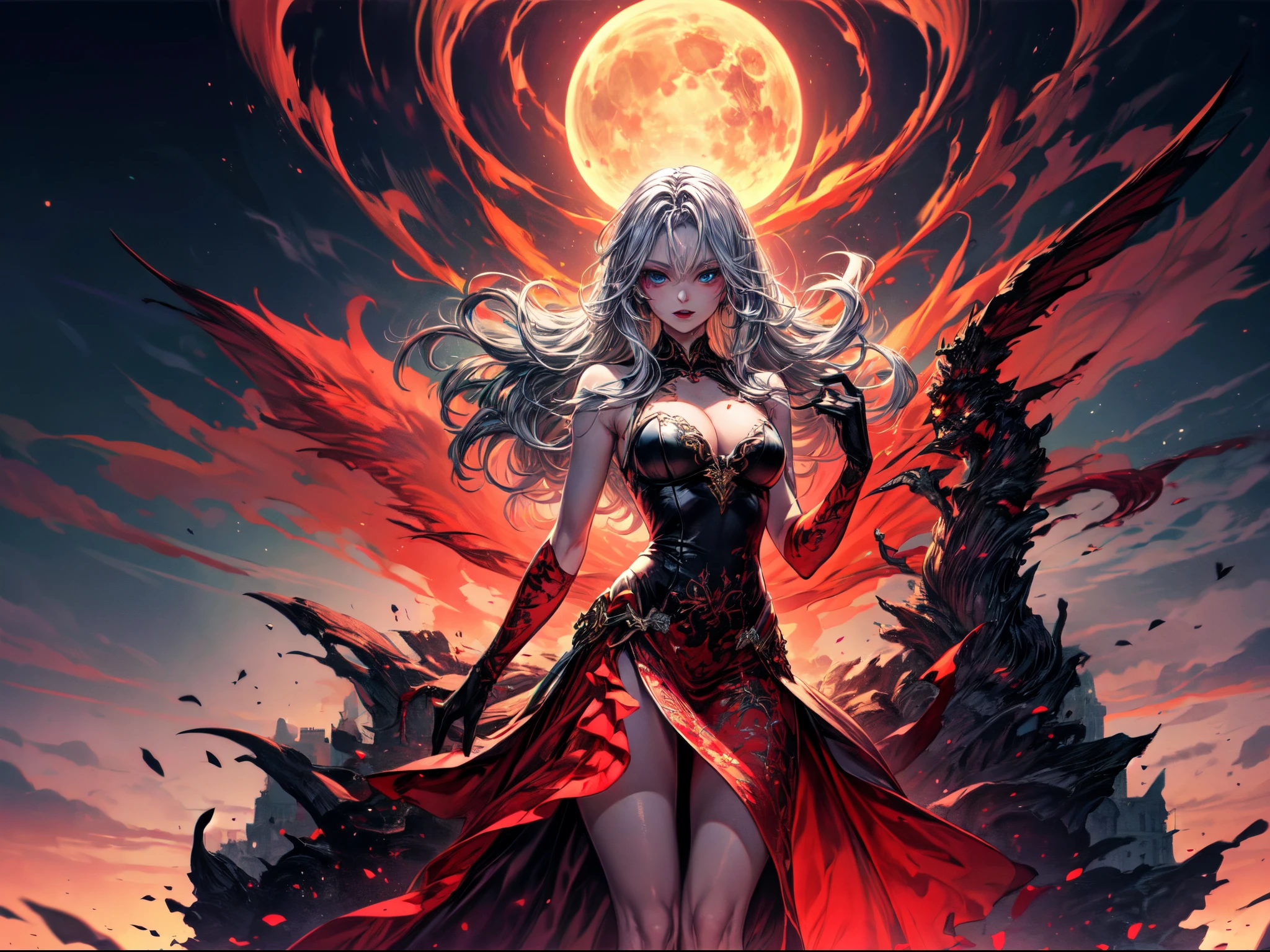 Fantasyart, The art of role-playing, photore, raw, (ultra - detailed: 1.5), tas'Better to be more detailed, Photo of female vampire standing in the holy city. Peter in the Vatican, Exquisite and beautiful female vampire, Full body lesbian, (best detail face: 1.2), (gray colored skin: 1.2), Redlip, (vampire fangs 1:1) (Blood vessels are clearly visible: 1.3), Hyper-feminine, blond hair blue eyes, Long gray hair, Rich, floated hair,curlies, red luminous eyes, Wear a short skirt, silk dress, dress with intricate details, high-heels, Stand on St. vatican city streets. Peter's square, natta, moon full, Stars in the sky, Yingshi. Yingshi. Peter's square background, Best quality at best, (The content is very detailed), super wide shot, photo-realism, depth of fields, hyper realisitc, 2.5 rendering,