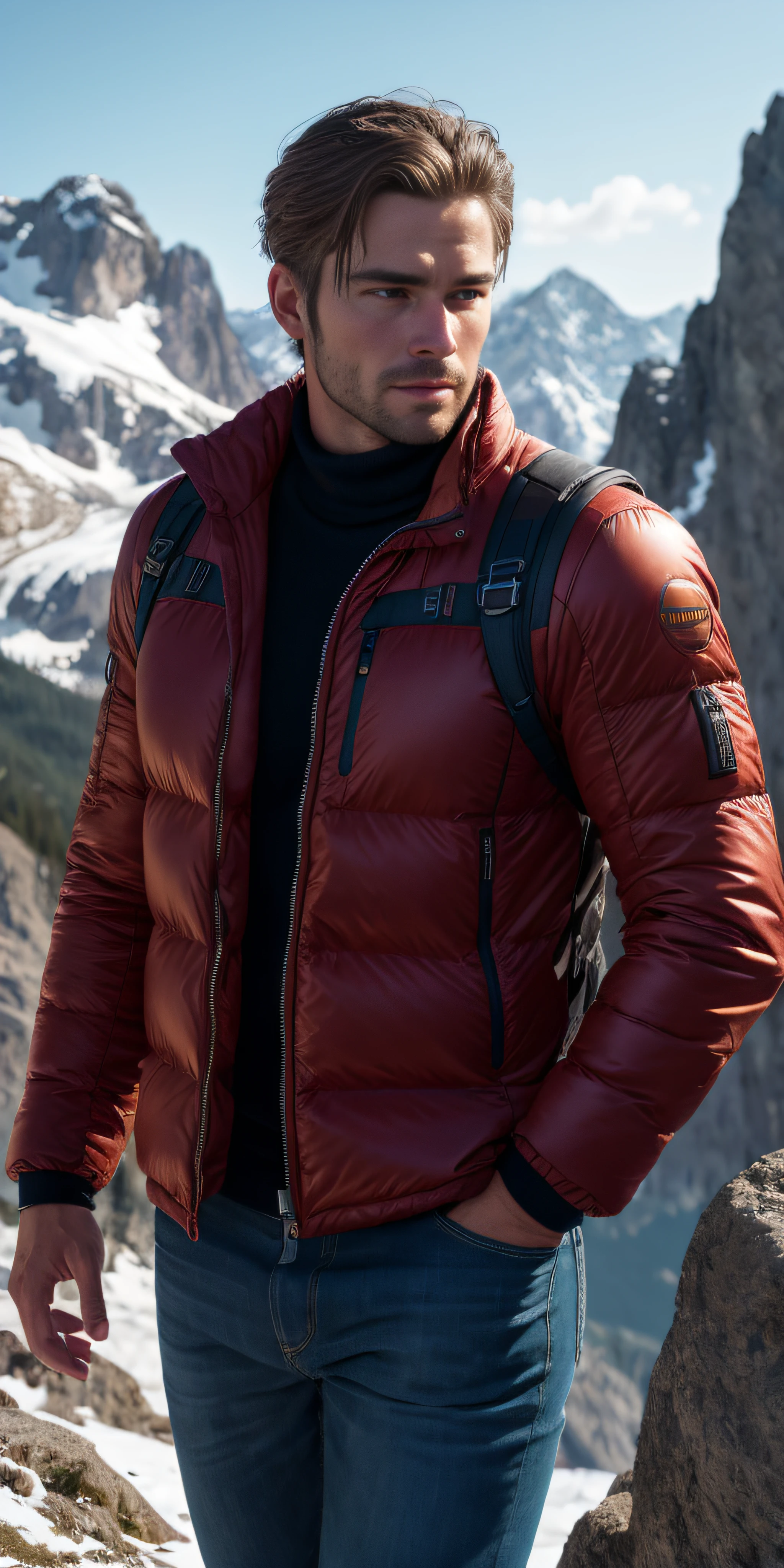 Handsome European guy, in the mountains, photo-realistic, photo, tmasterpiece, realisti, 真实感, photo realism, High contrast, photorealistic digital art. Тренды Artstation 8k HD. Realistic detail in high resolution., Detailed, skin texture, hyper-detalied, realistic skin texture, beste-Qualit, extra high resolution, (photo-realistic: 1.4),, hight resolution, Detailed, RAW photo, abrupt repetition, Nikon D850 Camera Roll. 4 Kodak Portra 400 F1 lens..6 Rich colors, hyper realistic texture, dramatic lighting, UnrealEngine trend in Artstation Cinestill 800,