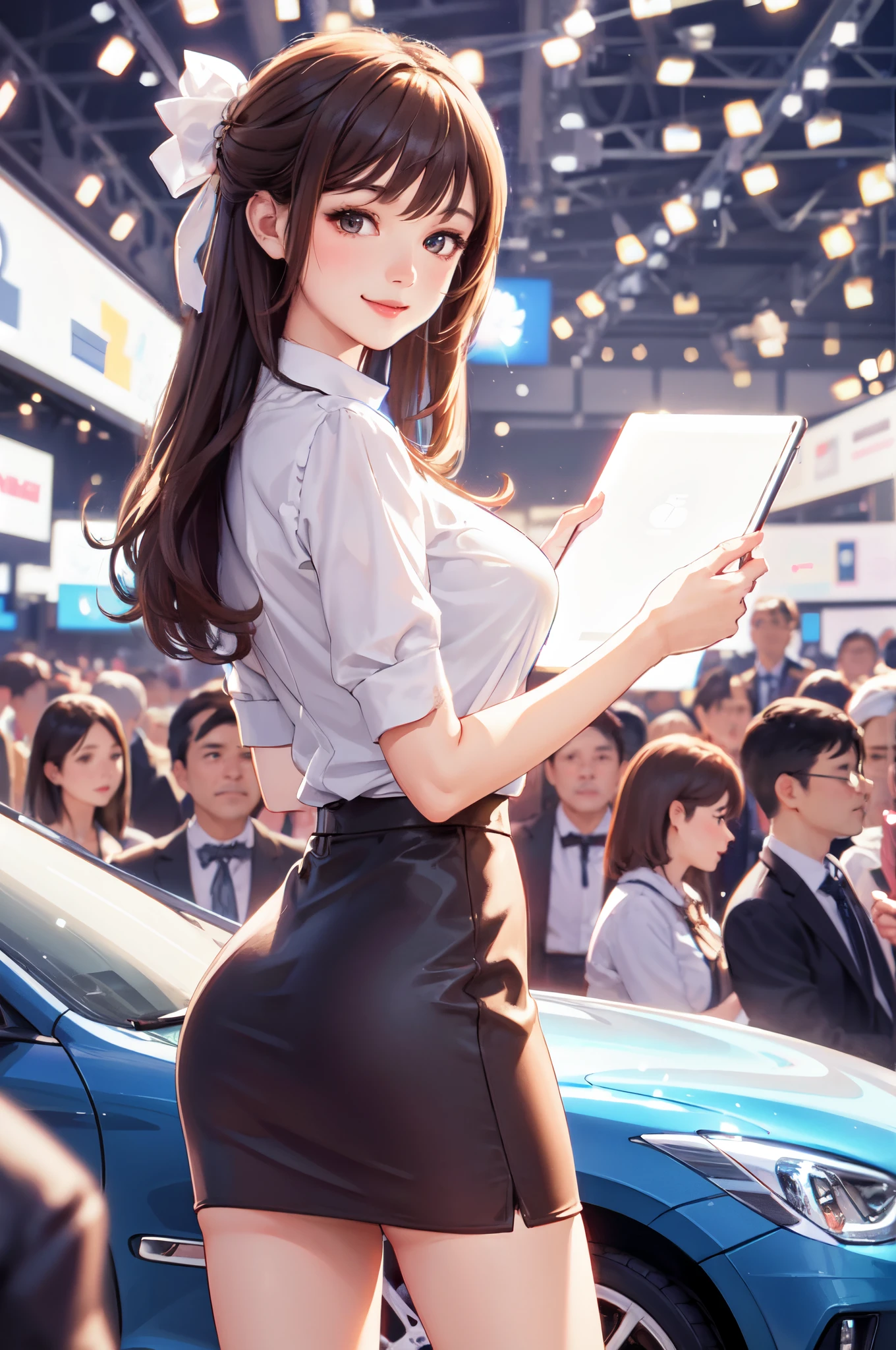 1lady solo standing, /(costume with logo/) mini skirt, mature female, /(brown hair/) bangs, kind smile, (masterpiece best quality:1.2) delicate illustration ultra-detailed, large breasts BREAK /(motor show indoors/), audience, detailed background