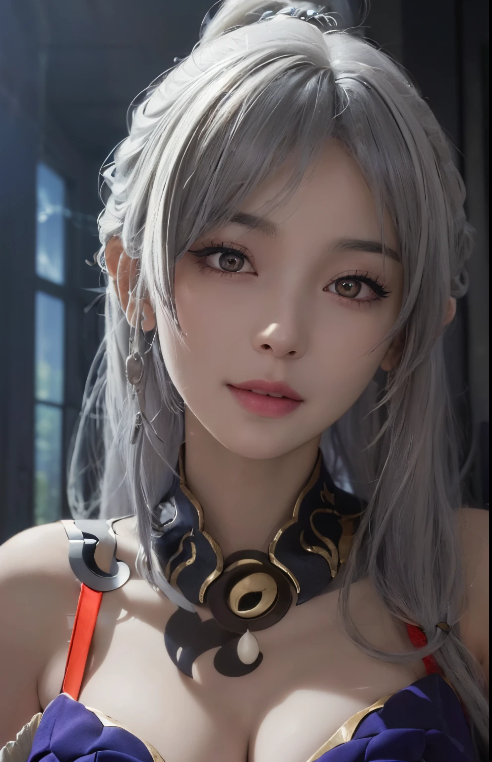 (Ultra Realistic), (Illustration), (Increased Resolution), (8K), (Extremely Detailed), (Best Illustration), (Beautiful and Detailed Eyes), (Best Quality), (Ultra Detailed), (Masterpiece ), ( wallpaper), (detailed face), solo, 1 girl, looking at viewer, fine details, detailed face, in the dark, deep shadows, low key, smiling, long hair, white hair , Blindfold,