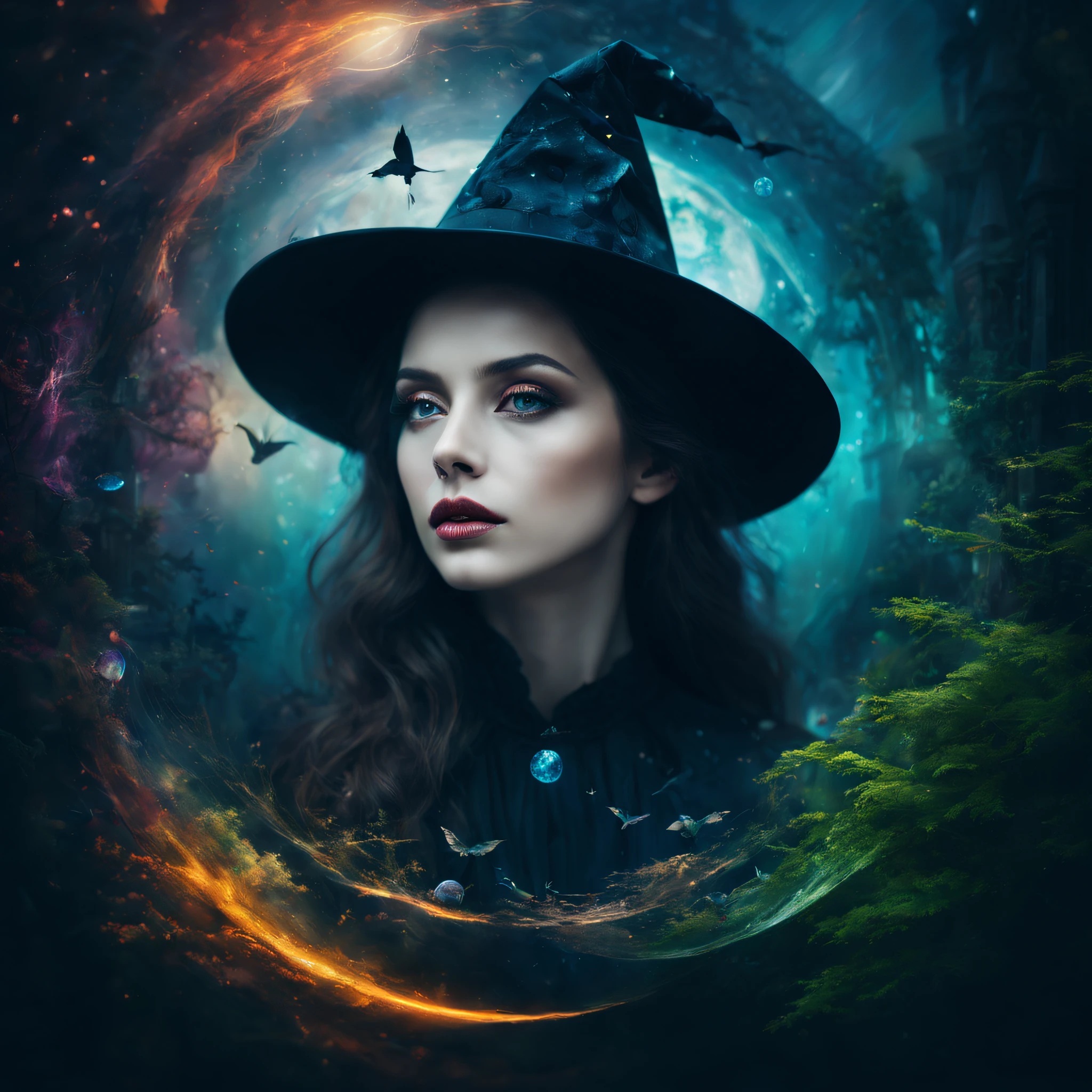 ,Portrait of a witch,double exposure effect,dramatic lights,Vivid colors,long exposure technology,creative composition,artsy photography,hight contrast,abstract elements,Emotionally captivating,Expressive eyes,Soft focus,vague background,Beautiful detail lips,Multiple exposures,Different Perspectives、an enchanted forest,Castle,Sea World,Colorful planets in cosmic vortex。distinct texture、overlapping images、A harmonious blend of themes、art story、Surreal atmosphere、Experimental Technology、imaginative exploration、artistic expression、Artistic interpretation、Creative experimentation、personal narrative、Layered composition、Ethereal aesthetics、Striking visual impact、visual depth、magic realism、Poetic atmosphere,detailed meticulous,Visual poetry。(best qualtiy,4k,8k,high rise,tmasterpiece:1.2),super-fine,(realisticlying,Foto realism,Photo fidelity:1.37)