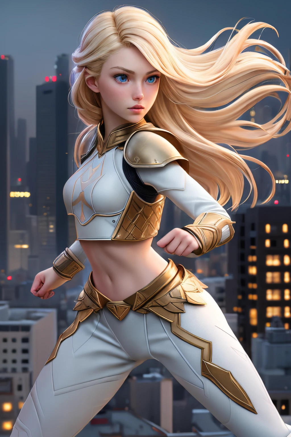 close up 1girl in, ager, Solo, Aesthetic artwork, blond, straight blonde hair, super long blonde hair, light blue eyes, some small freckles, pale skin, small breasts, runners body, (thin hips, thin waist: 1.25), detailed skin, neutral face, parted lips, (action shot, fighting stance:1.3), futuristic fighter gear, arched back, side profile, wearing crop top wacanda armor, armored leggings, boxing knuckles, (full body: 1.1), very detailed city roof background, rooftop, overlooking the city, 24mm, 4k textures, soft cinematic light, RAW intricate, elegant, highly detailed, sharp focus, ((((cinematic look)))), soothing tones, insane details, intricate details, hyperdetailed, low contrast, soft cinematic light, dim colors, exposure blend, hdr, faded