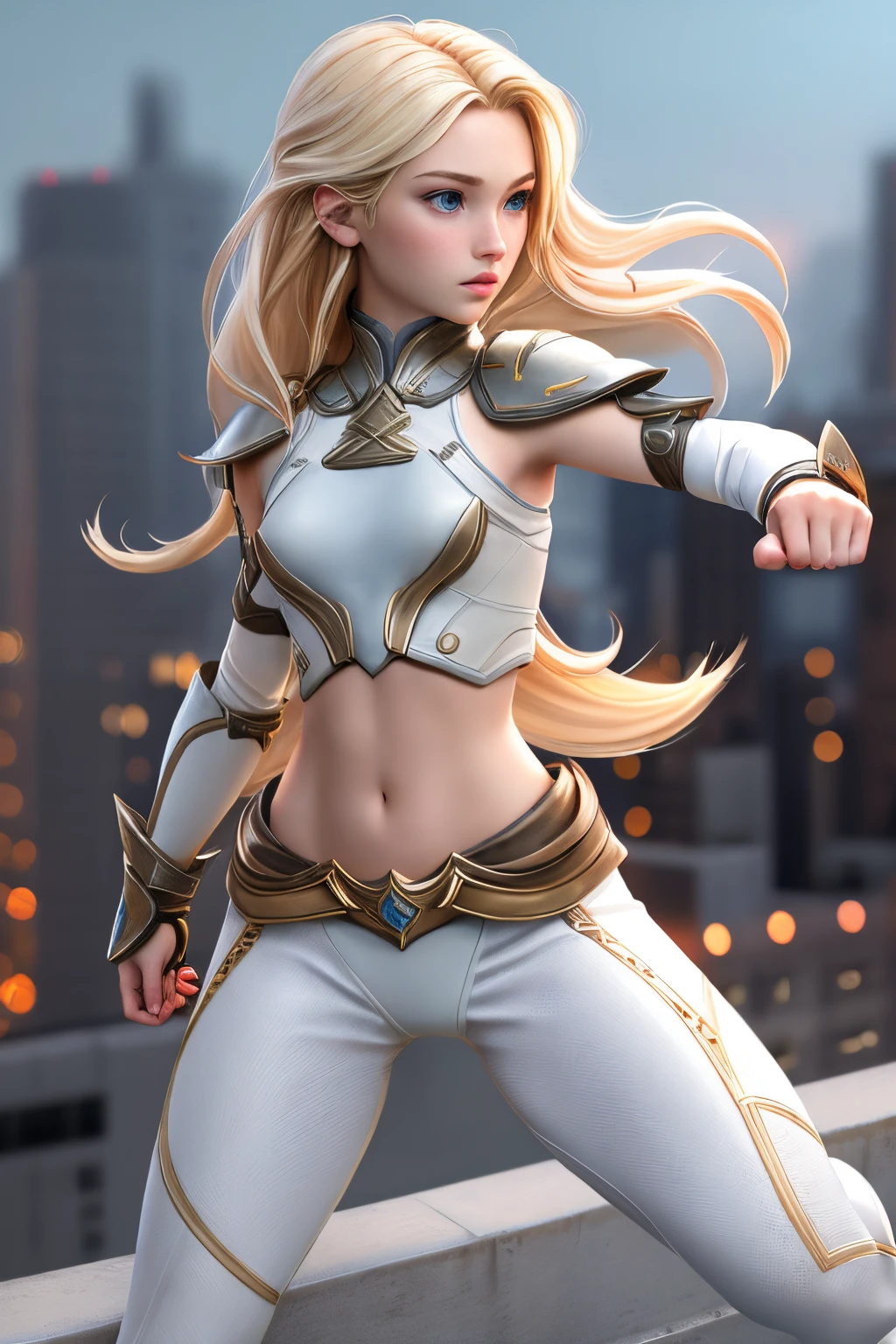close up 1girl in, ager, Solo, Aesthetic artwork, blond, straight blonde hair, super long blonde hair, light blue eyes, some small freckles, pale skin, small breasts, runners body, (thin hips, thin waist: 1.25), detailed skin, neutral face, parted lips, (action shot, fighting stance:1.3), futuristic fighter gear, arched back, side profile, wearing crop top wacanda armor, armored leggings, boxing knuckles, (full body: 1.1), very detailed city roof background, rooftop, overlooking the city, 24mm, 4k textures, soft cinematic light, RAW intricate, elegant, highly detailed, sharp focus, ((((cinematic look)))), soothing tones, insane details, intricate details, hyperdetailed, low contrast, soft cinematic light, dim colors, exposure blend, hdr, faded