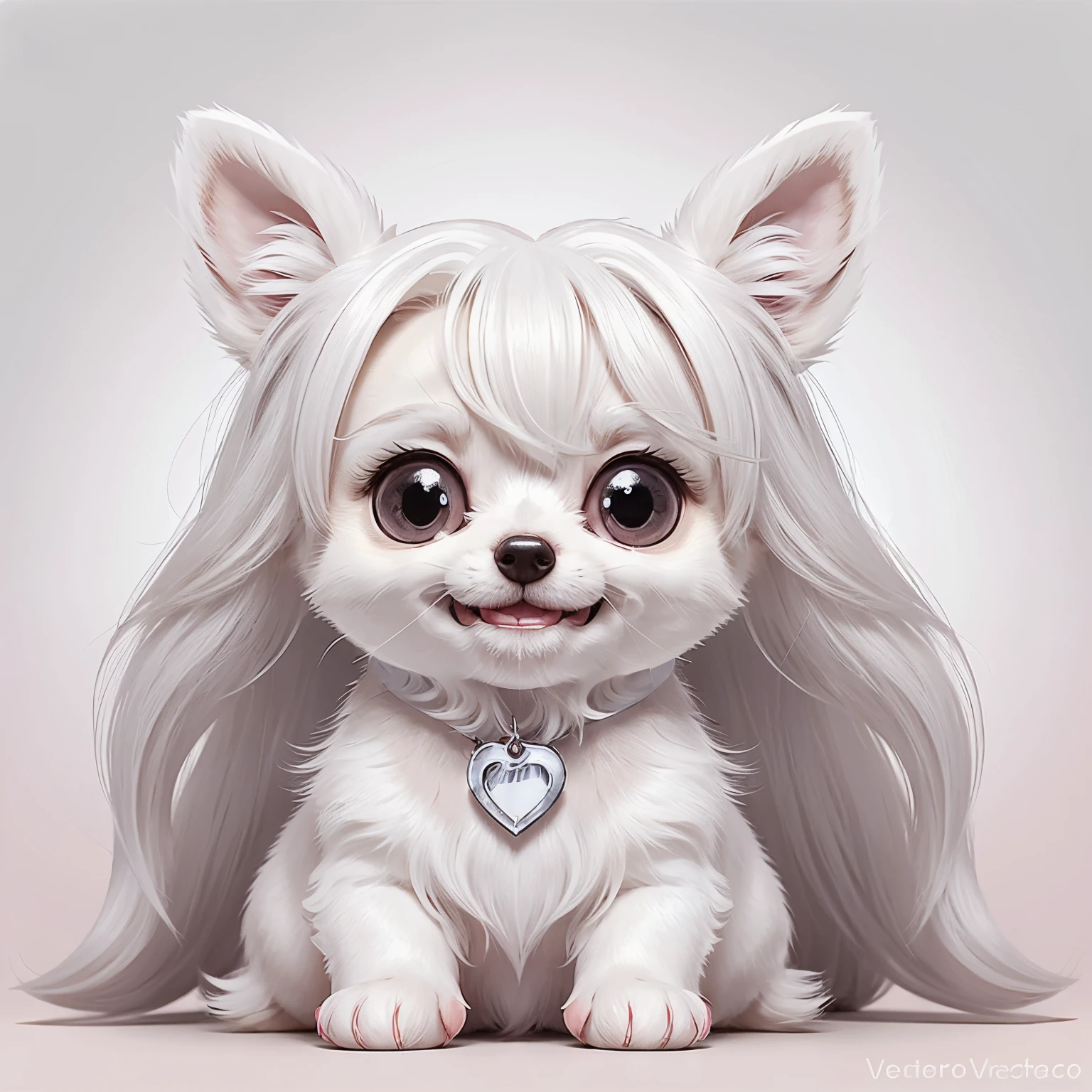 He is a cute white long haired chihuahua in vector art style on pastel background smiling with big black eyes