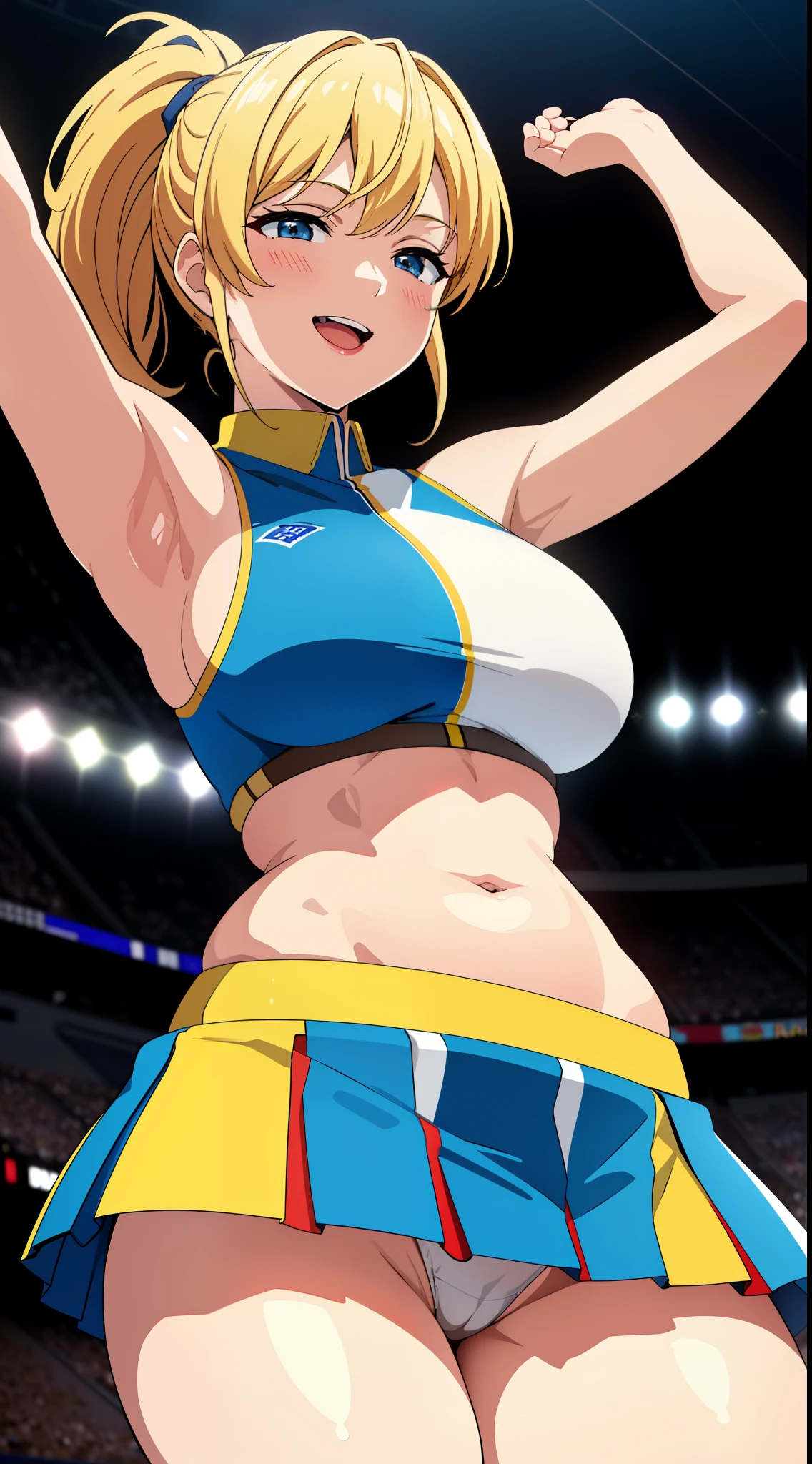 (best quality:1.5, highres, UHD, 4K, detailed lighting, shaders), blonde ponytail, large breasts, cheerleader outfit, belly, armpits, hands up, (skirt lift, crotch), smiling, open mouth, stadium background, sexy, erotic, lewd, seductive, (close shot)