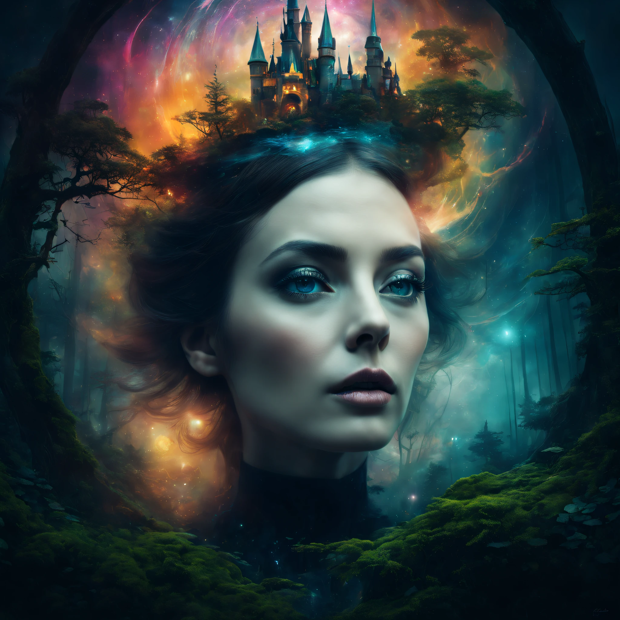 ,Portrait of a witch,double exposure effect,dramatic lights,Vivid colors,long exposure technology,creative composition,artsy photography,hight contrast,abstract elements,Emotionally captivating,Expressive eyes,Soft focus,vague background,Beautiful detail lips,Multiple exposures,Different Perspectives、an enchanted forest,Castle,Sea World,Colorful planets in cosmic vortex。distinct texture、overlapping images、A harmonious blend of themes、art story、Surreal atmosphere、Experimental Technology、imaginative exploration、artistic expression、Artistic interpretation、Creative experimentation、personal narrative、Layered composition、Ethereal aesthetics、Striking visual impact、visual depth、magic realism、Poetic atmosphere,detailed meticulous,Visual poetry。(best qualtiy,4k,8k,high rise,tmasterpiece:1.2),super-fine,(realisticlying,Foto realism,Photo fidelity:1.37)
