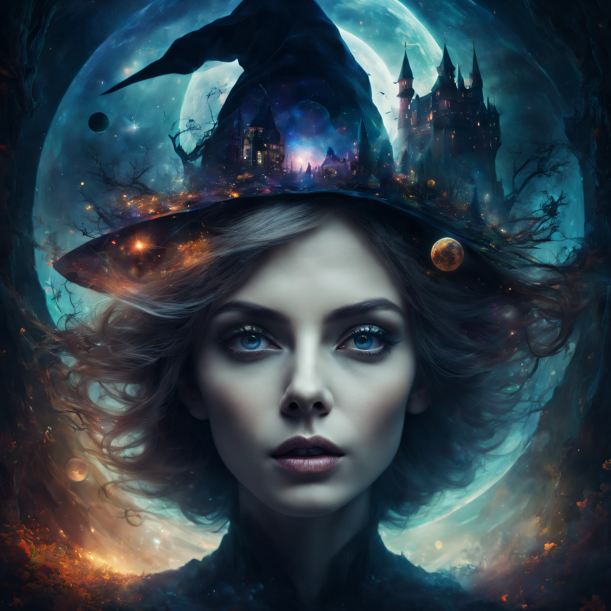 Portrait of a witch,double exposure effect,dramatic lights,Vivid colors,long exposure technology,creative composition,artsy photography,hight contrast,abstract elements,Emotionally captivating,Expressive eyes,Soft focus,vague background,Beautiful detail lips,Multiple exposures,Different Perspectives、an enchanted forest,Castle,the ocean,Colorful planets in cosmic vortex。distinct texture、overlapping images、A harmonious blend of themes、art story、Surreal atmosphere、Experimental Technology、imaginative exploration、artistic expression、Artistic interpretation、Creative experimentation、personal narrative、Layered composition、Ethereal aesthetics、Striking visual impact、visual depth、magic realism、Poetic atmosphere,detailed meticulous,Visual poetry。(best qualtiy,4k,8k,high rise,tmasterpiece:1.2),super-fine,(realisticlying,Foto realism,Photo fidelity:1.37)