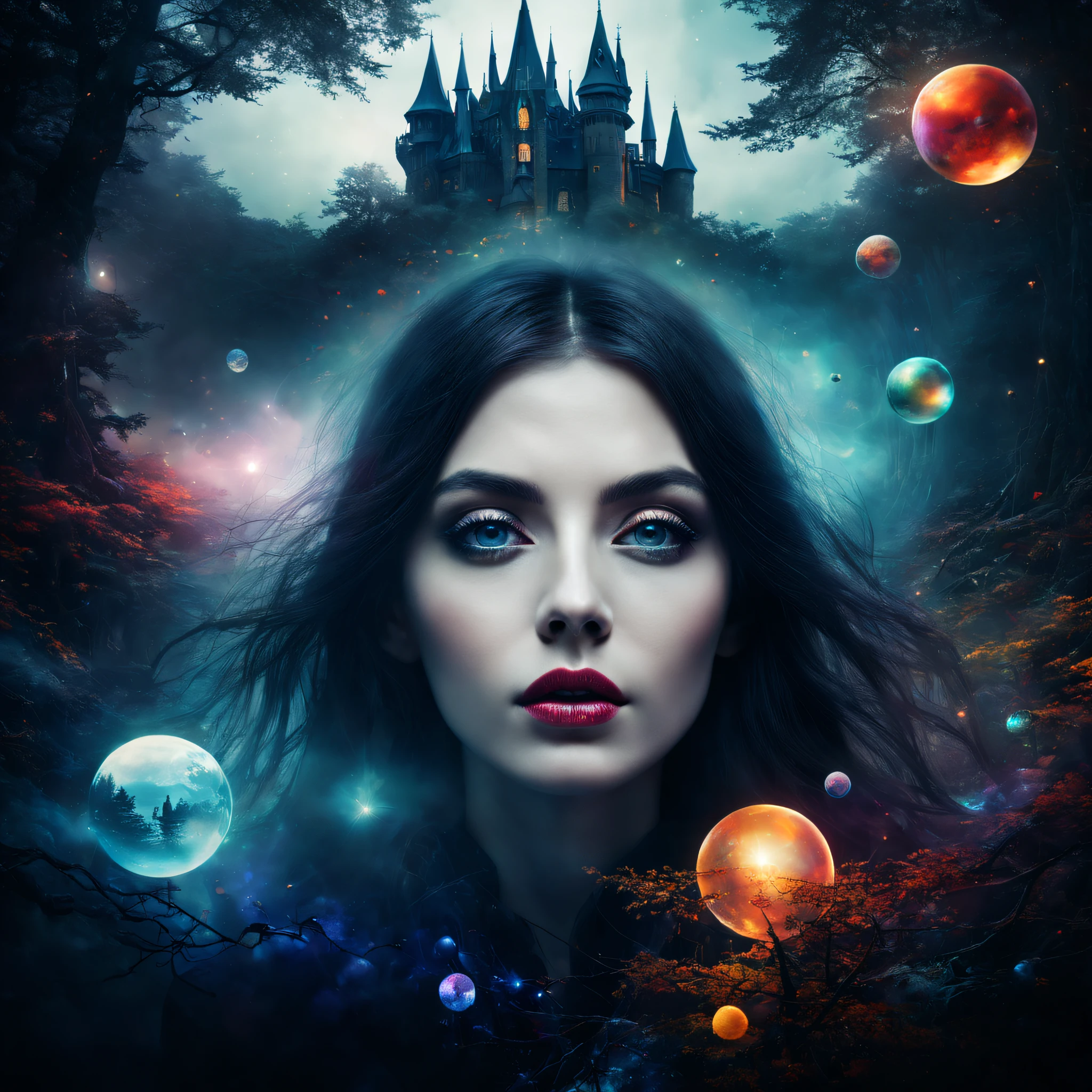 Portrait of a witch,double exposure effect,dramatic lights,Vivid colors,long exposure technology,creative composition,artsy photography,hight contrast,abstract elements,Emotionally captivating,Expressive eyes,Soft focus,vague background,Beautiful detail lips,Multiple exposures,Different Perspectives、an enchanted forest,Castle,the ocean,Colorful planets in cosmic vortex。distinct texture、overlapping images、A harmonious blend of themes、art story、Surreal atmosphere、Experimental Technology、imaginative exploration、artistic expression、Artistic interpretation、Creative experimentation、personal narrative、Layered composition、Ethereal aesthetics、Striking visual impact、visual depth、magic realism、Poetic atmosphere,detailed meticulous,Visual poetry。(best qualtiy,4k,8k,high rise,tmasterpiece:1.2),super-fine,(realisticlying,Foto realism,Photo fidelity:1.37)