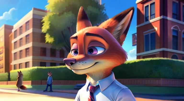 Cartoon fox wearing tie and shirt, 《Zootopia》Nick Wilde, Nick Wilde, Zootopia style, zootopia movie style, Disney Zootopia style, Zootopia Stairs, full body close-up shot, zootopia style, Disney style furry, zoo style, Disney Pixar Zootopia, in zootopia city, zootopia concept art