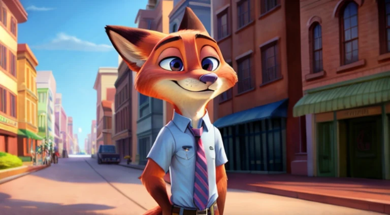 tmasterpiece, Better quality, , Alone, 1 boy，Alone，Cartoon fox wearing tie and shirt, 《Zootopia》Nick Wilde, Nick Wilde, Zootopia style, zootopia movie style, Disney Zootopia style, full body close-up shot, Disney style furry, zoo style, Disney Pixar Zootopia, in zootopia city, zootopia concept art，3D，
