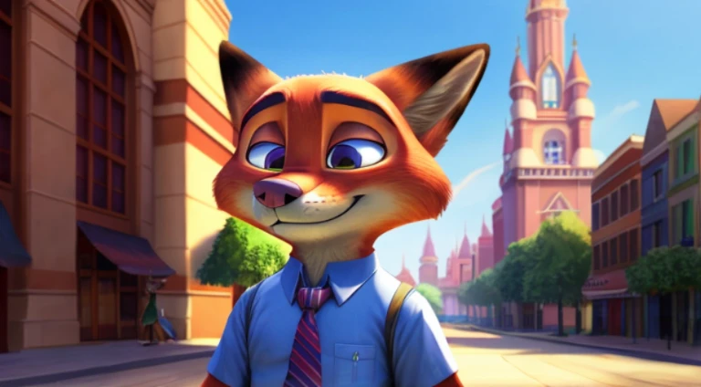 tmasterpiece, Better quality, , Alone, 1 boy，Alone，Cartoon fox wearing tie and shirt, 《Zootopia》Nick Wilde, Nick Wilde, Zootopia style, zootopia movie style, Disney Zootopia style, full body close-up shot, Disney style furry, zoo style, Disney Pixar Zootopia, in zootopia city, zootopia concept art，3D，