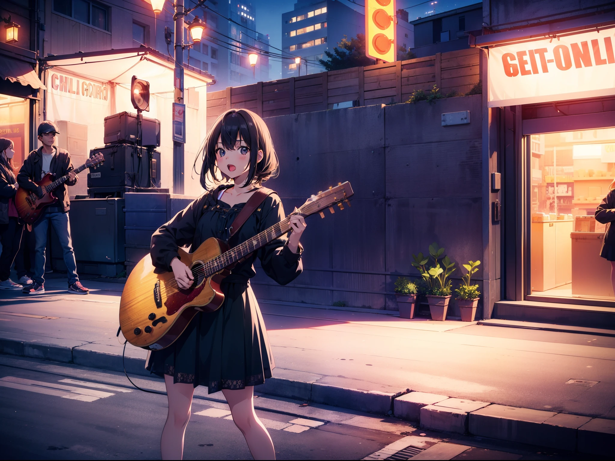 1 cute girl, girl is street musician ,playing guitar, standing in front of fence, open mouth, full body, character focus, front viewer, night, cinematic lighting , ((masterpiece)), ((best quality)), ((ultra-detailed)), (illustration), ((an extremely delicate and beautiful))