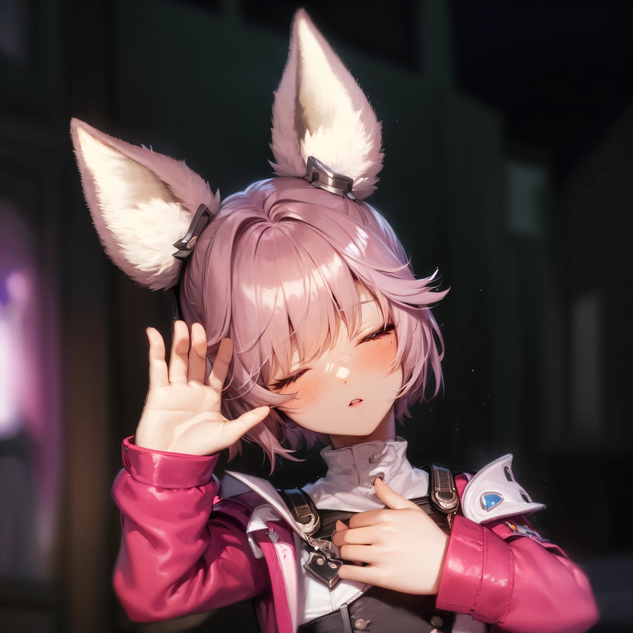 there is a boy with pink hair and a cat ears, lalafell, upper-body, small-hands, final fantasy style, cute character, pink fox, wearing cybernetic bunny ears, with bunny ears, close up character, rabbit ears, cute ears, pink iconic character, the bunny has pink fur, pixie character, bunny ears, ffxiv, final fantasy 1 4 screenshot