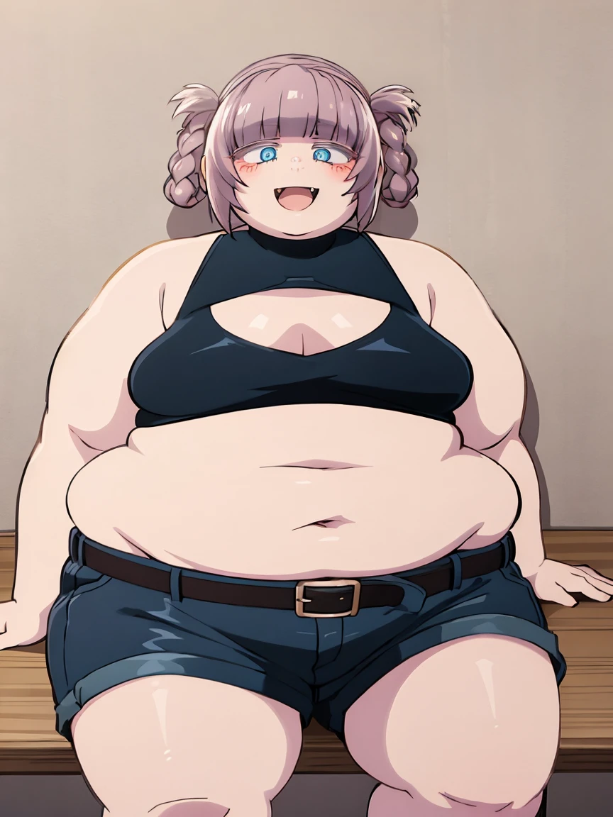 Fat nanakusa nazusa, 1girl, solo, sitting, Fat girl, obese body , big cheeks, looking at the viewer, open mouth, smile, fang, small breasts, blue eyes, pink hair, hair rings, sleeveless turtleneck, chubby belly, fat arms, thick thighs, navel, cleavage cutout, black shorts, belt