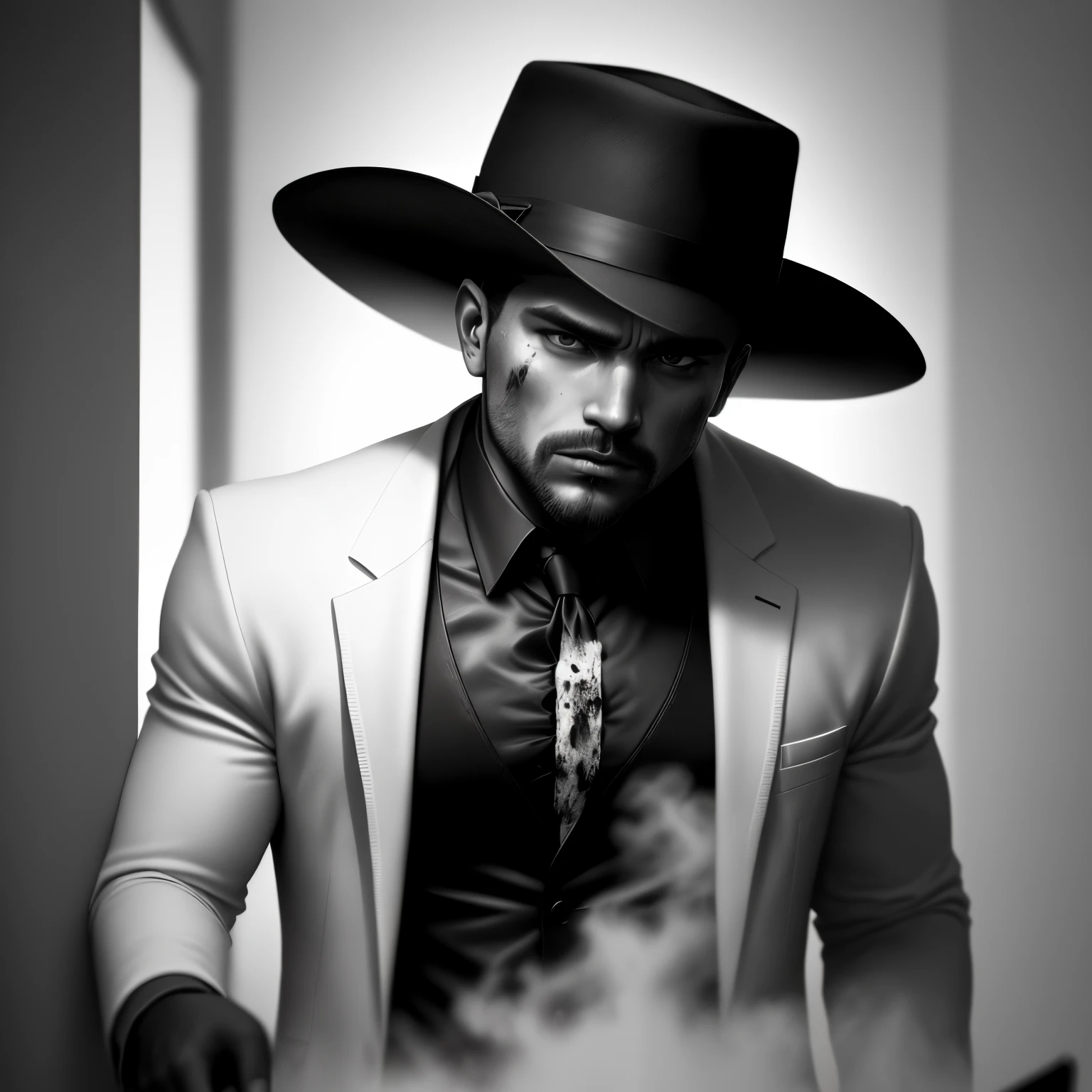 black and white, a man waking from the dead in range and thirsty for revenge..