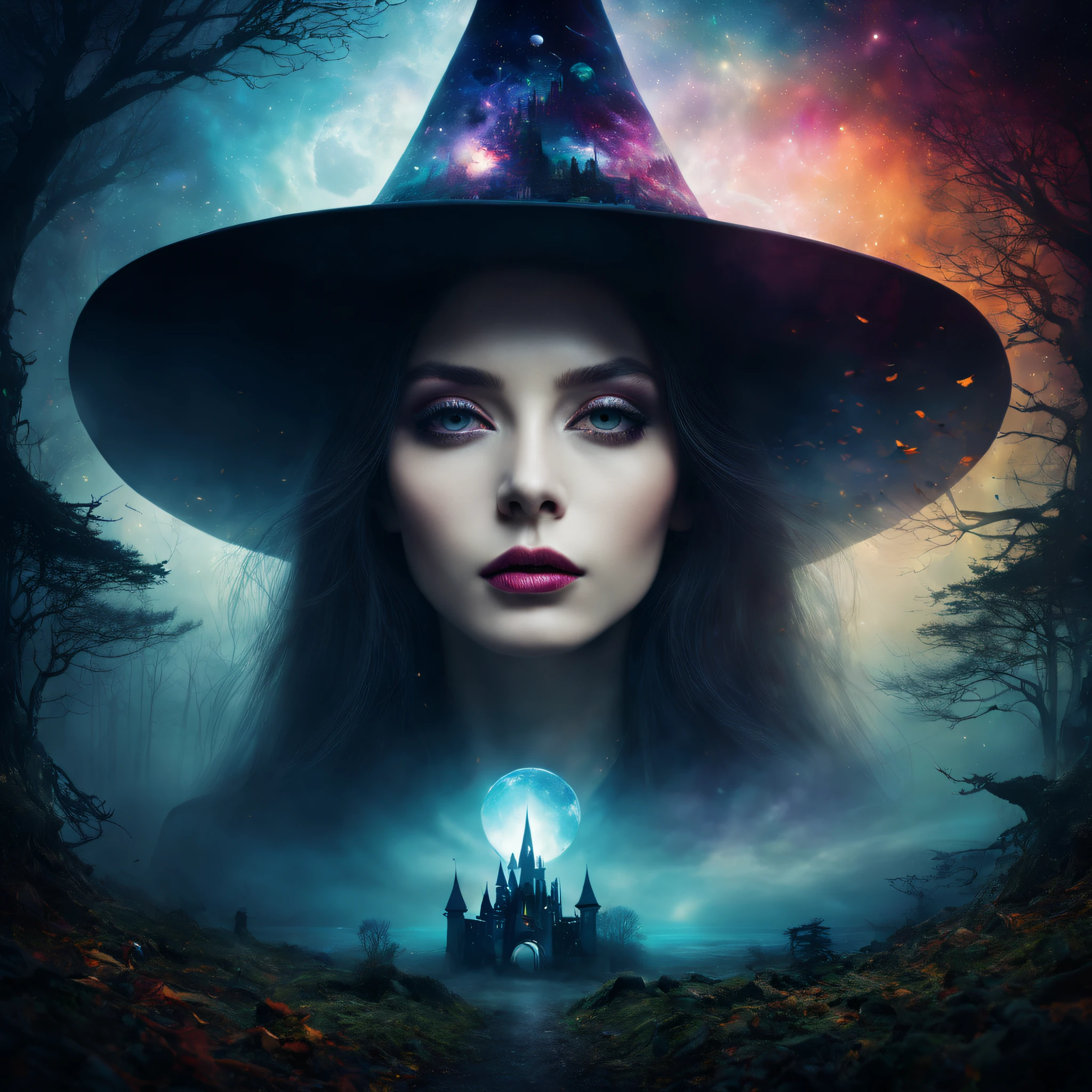 Portrait of a witch，Witch hat，double exposure effect，dramatic lights，Vivid colors，long exposure technology，creative composition，artsy photography，hight contrast，abstract elements，Emotionally captivating，Expressive eyes，Soft focus，vague background，Beautiful detail lips，Multiple exposures，Different Perspectives、an enchanted forest，Castle，the ocean，Colorful planets in cosmic vortex。distinct texture、overlapping images、A harmonious blend of themes、art story、Surreal atmosphere、Experimental Technology、imaginative exploration、artistic expression、Artistic interpretation、Creative experimentation、personal narrative、Layered composition、Ethereal aesthetics、Striking visual impact、visual depth、magic realism、Poetic atmosphere，detailed meticulous，Visual poetry。（best qualtiy，4k，8k，high rise，tmasterpiece：1.2），super-fine，（realisticlying，Foto realism，Photo fidelity：1.37）