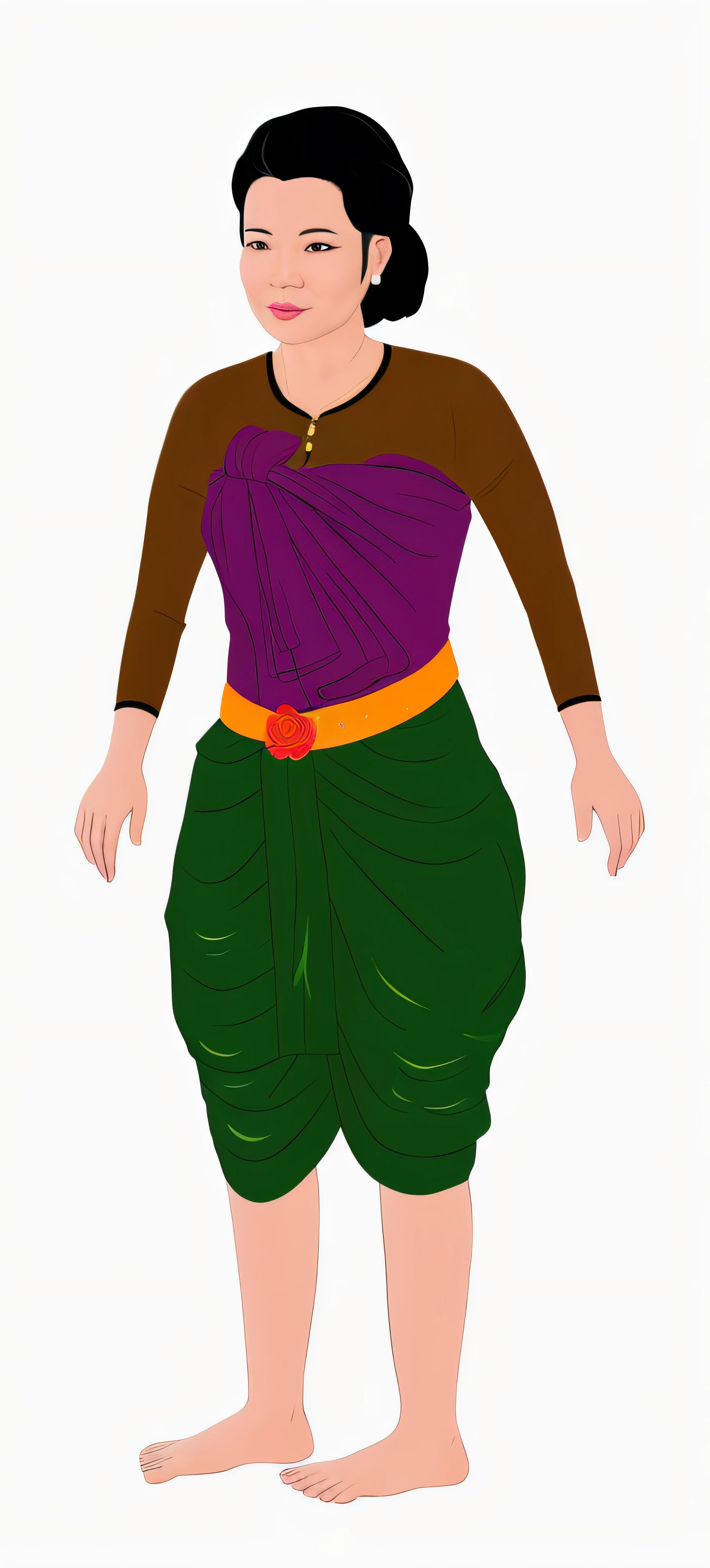 K Ultra HD, highly detailed, super realistic, painting of a Khmer old woman in a Khmer skirt and a Khmer belt, full body with Khmer costume, full body portrait, Khmer old woman lead character, character full body portrait, full body details, Khmer old female character, full body character, full length character, full body illustration, full body character concept