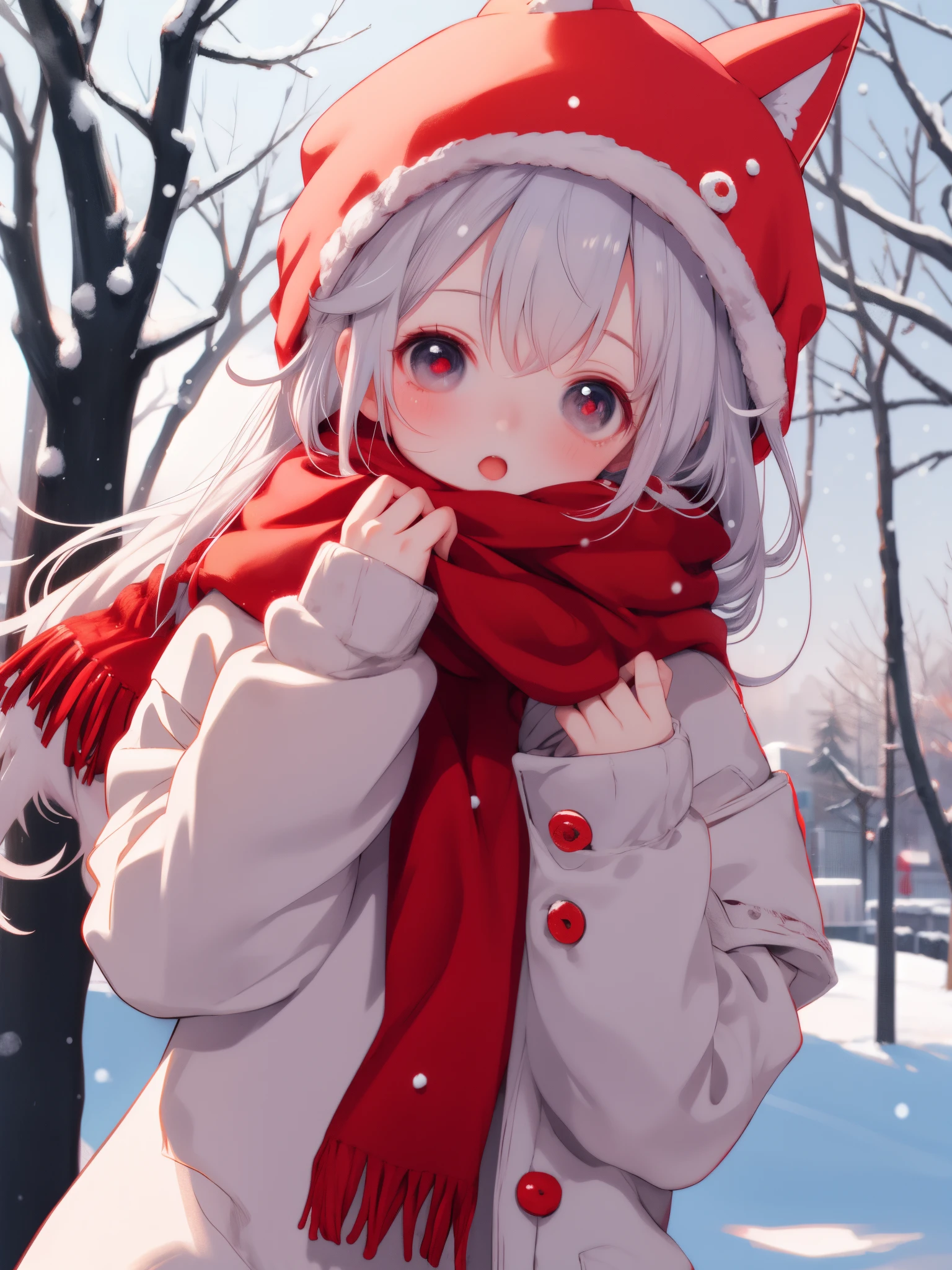 Anime style, 1 girl, winter, warm clothes, red cheeks, red nose, snowing, Background: winter