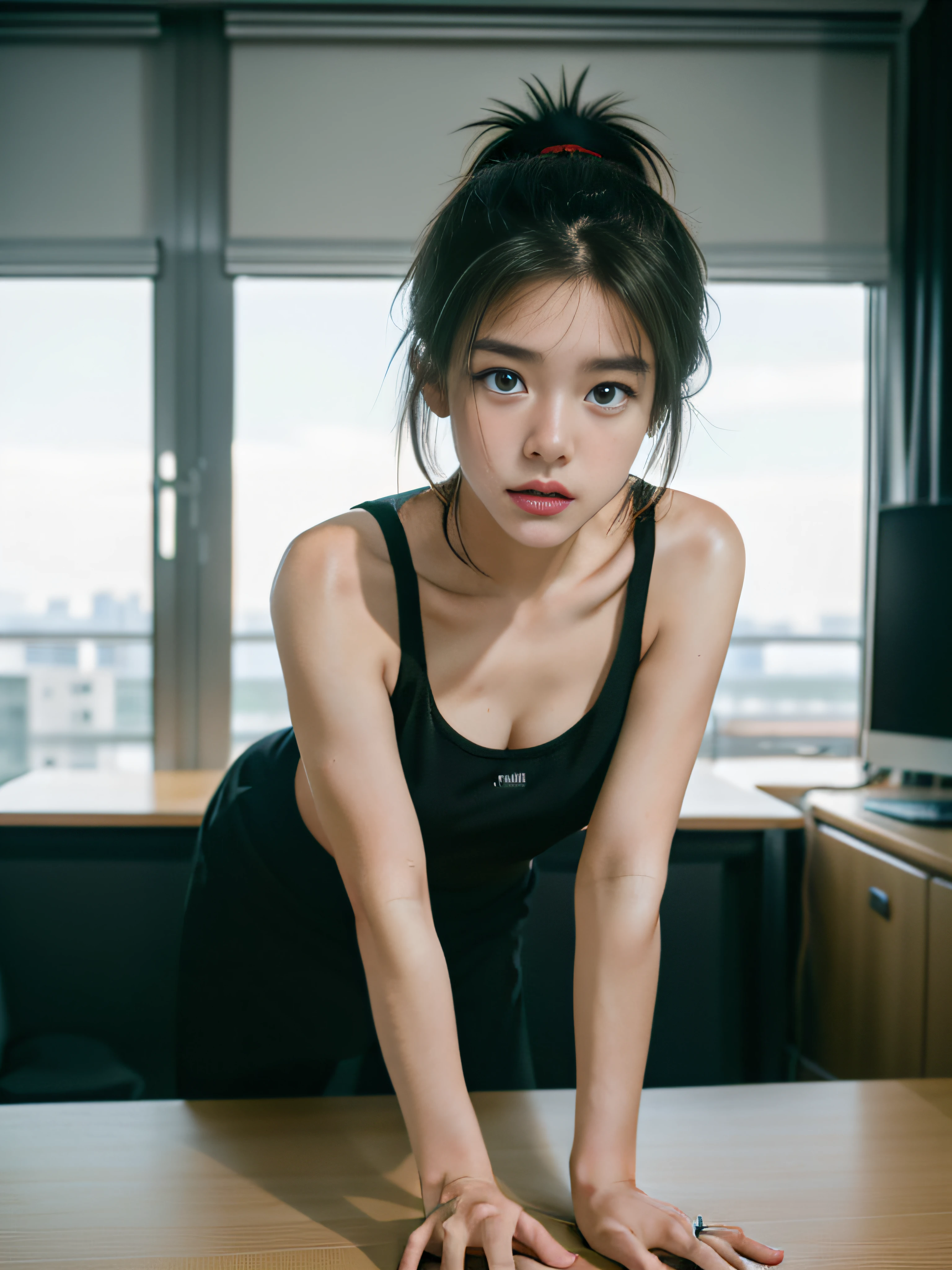 (8K, RAW photo, Best quality, Mastery:1.2), (Realistic, photo-realistic:1.37),1 girl,Cute,Blue eyes, (Solo),full-body portraits,Detailed ponytail,Dramatic angles,office room,looking at viewert,angle of view ,cyber punk perssonage,@Aina 08