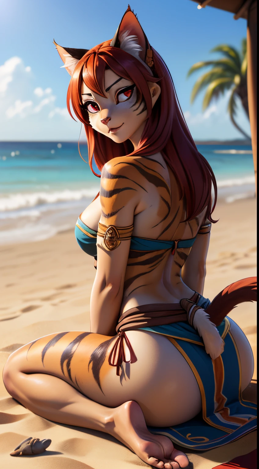 ((ultra quality)), ((tmasterpiece)), Khajiit girl from a wild tribe, anthro cat, ((disheveled long red hair), ((there are only cat ears)), ((There is a cat's long tail in the back)), Beautiful cute face, beautiful female lips, charming beauty, ((curious facial expression, eyes are slightly closed)), looks at the camera with curiosity, ((skin color dark tiger color)), ((there is cat hair on the body)), Body glare, ((detailed beautiful female eyes)), ((DarkRed eyes)), beautiful female hands, ((perfect female figure)), ideal female body shapes, Beautiful waist, nice feet, big thighs, Beautiful butt, ((Subtle and beautiful)), sitting on the sand, feet together, (closeup face)), ((dressed like a native in a loincloth and top)), background: The Ocean Shore, desert island, evening, ((Depth of field)), ((high quality clear image)), ((crisp details)), ((higly detailed)), Realistic, Professional Photo Session, ((Clear Focus)), ((cartoon)), the anime, NSFW