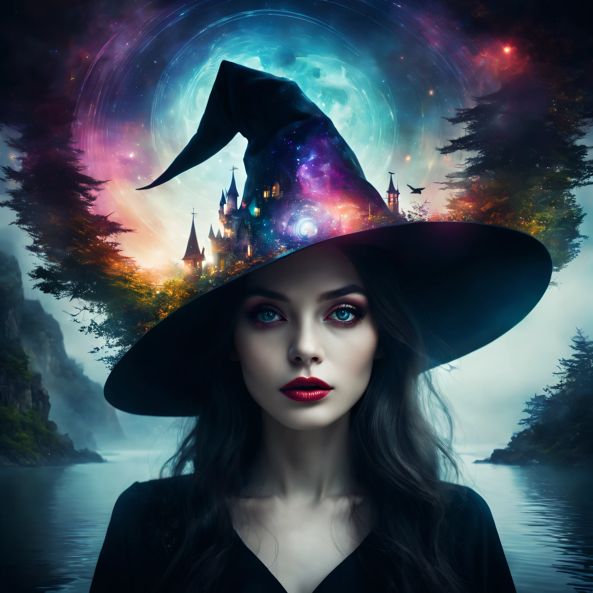 Portrait of a witch,Witch hat,double exposure effect,dramatic lights,Vivid colors,long exposure technology,creative composition,artsy photography,hight contrast,abstract elements,Emotionally captivating,Expressive eyes,Soft focus,vague background,Beautiful detail lips,Multiple exposures,Different Perspectives、an enchanted forest,Castle,the ocean,Colorful planets in cosmic vortex。distinct texture、overlapping images、A harmonious blend of themes、art story、Surreal atmosphere、Experimental Technology、imaginative exploration、artistic expression、Artistic interpretation、Creative experimentation、personal narrative、Layered composition、Ethereal aesthetics、Striking visual impact、visual depth、magic realism、Poetic atmosphere,detailed meticulous,Visual poetry。(best qualtiy,4k,8k,high rise,tmasterpiece:1.2),super-fine,(realisticlying,Foto realism,Photo fidelity:1.37)
