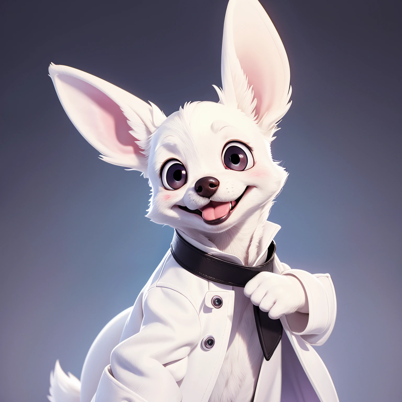 He is a young and cute WHITE long coat Chihuahua, with big black eyes and a big smile. On unicolour background.