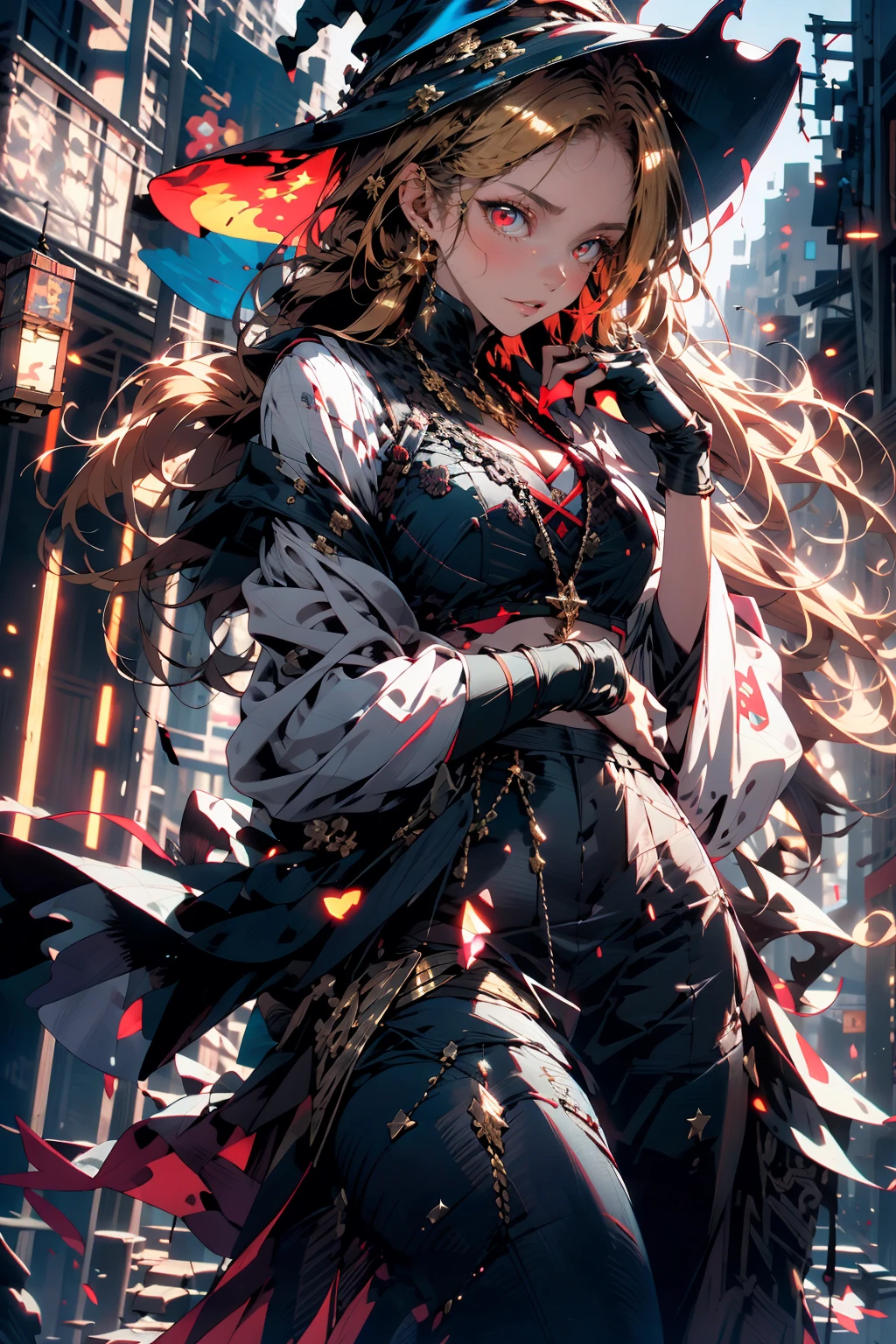 Red eyes, evil, golden, shiny, gold hair,High detailed ,midjourney,perfecteyes,Color magic,urban techwear,hmochako,better witch,witch, witch,Long hair ,long hair