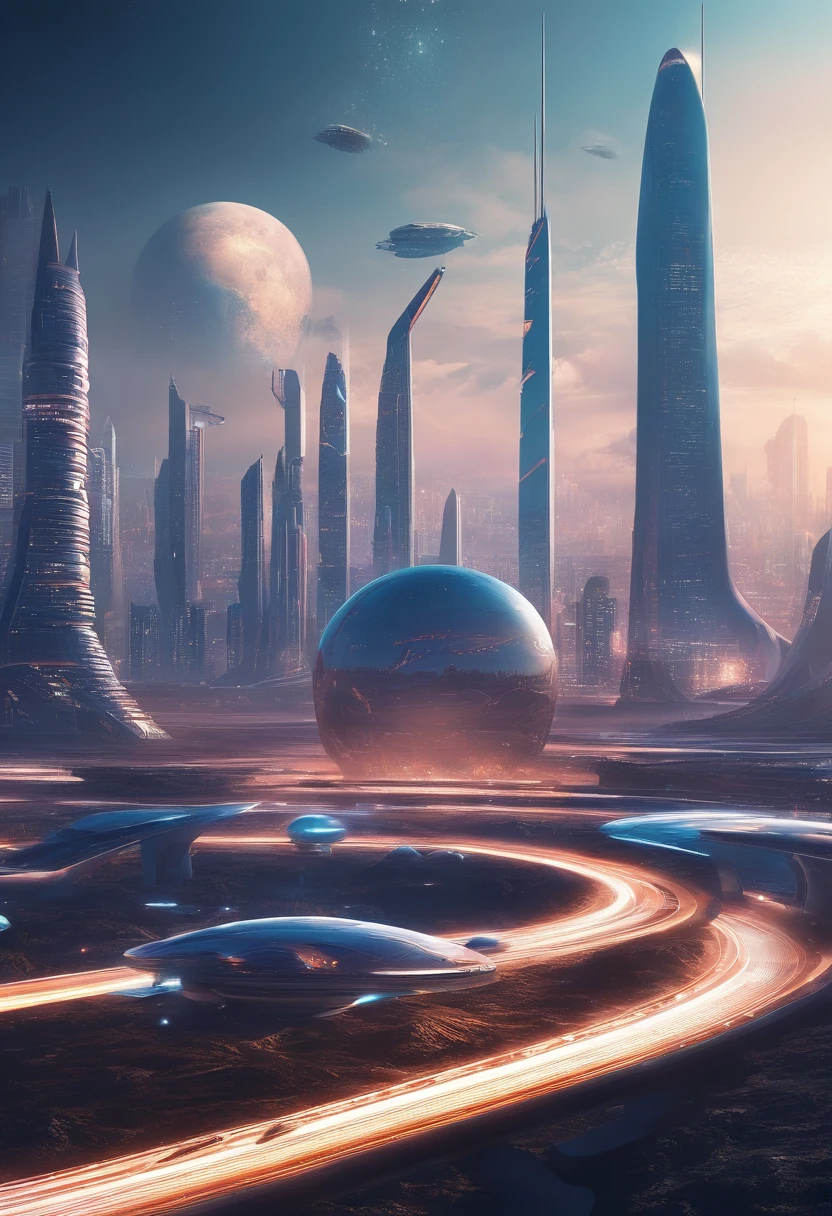 futuristic city with futuristic train and futuristic buildings at night, future concept art, otherwordly futuristic city, in fantasy sci - fi city, beautiful city of the future, futuristic utopian city, concept art 8 k resolution, concept art 8k resolution, city of the future, futuristic space port, concept art 8 k, sci-fi hollywood concept art