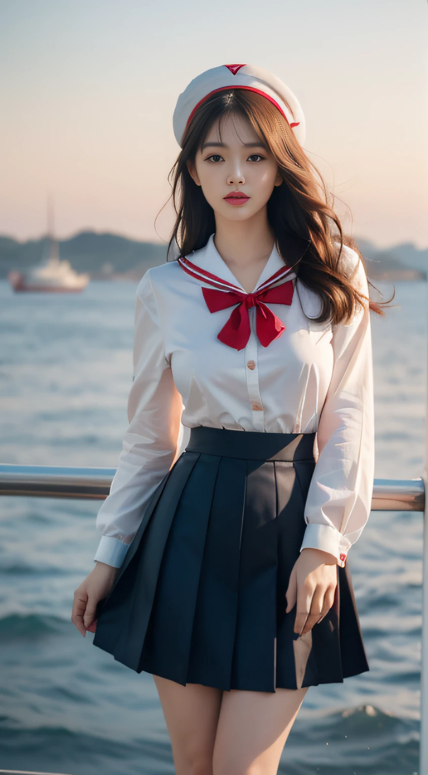 (best quality,4k,8k,highres,masterpiece:1.2),ultra-detailed,(realistic,photorealistic,photo-realistic:1.37),HDR,UHD,studio lighting,sharp focus,physically-based rendering,extreme detail description,professional,vivid colors,bokeh,portraits,contemporary art,subtle pastel color palette,soft lighting,A young girl,[beautiful detailed eyes],[beautiful detailed lips],[long eyelashes:1.1],(Hairstyle: tousled bob.),[delicate features],sensual expression,confident posture,leaning against the ship's railing,overlooking the vast ocean,elegant gloves,modern,[luxury cruise ship],[sleek design],[gleaming metal surface],[captivating sunset sky],[silhouettes of dancing seagulls],dynamic waves crashing against the ship,illuminated by the ship's spotlights,creating a dreamy atmosphere, mix4,tianfeng1,(Sailor Skirt: Red pleated skirt with white trim and decorative buttons.),(Sailor Shirt: White long-sleeved blouse with a sailor collar and red bow tie.),(Shoes: Navy blue Mary Jane heels),(Accessories: Red sailor hat and a white anchor brooch.),(standing),(huge breasts:1.2)