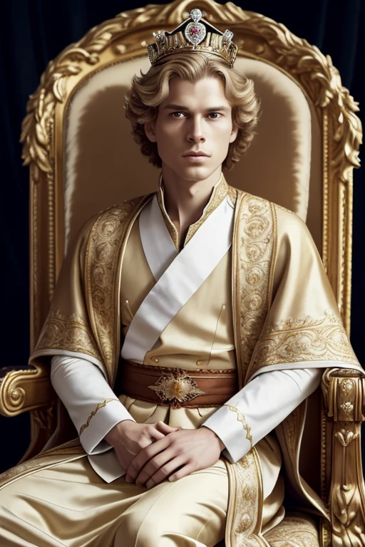 a man wearing a crown sitting in a chair, man with a crown, majesty in noble clothes, renaissance prince, royal portrait, erwin olaf, wearing kings crown, beautiful androgynous prince, wearing a royal robe, portrait of a king, wearing a luxurious royal cloak, the crown, richard iv the roman king photo, portrait of magical blond prince, inspired by Thomas Tudor