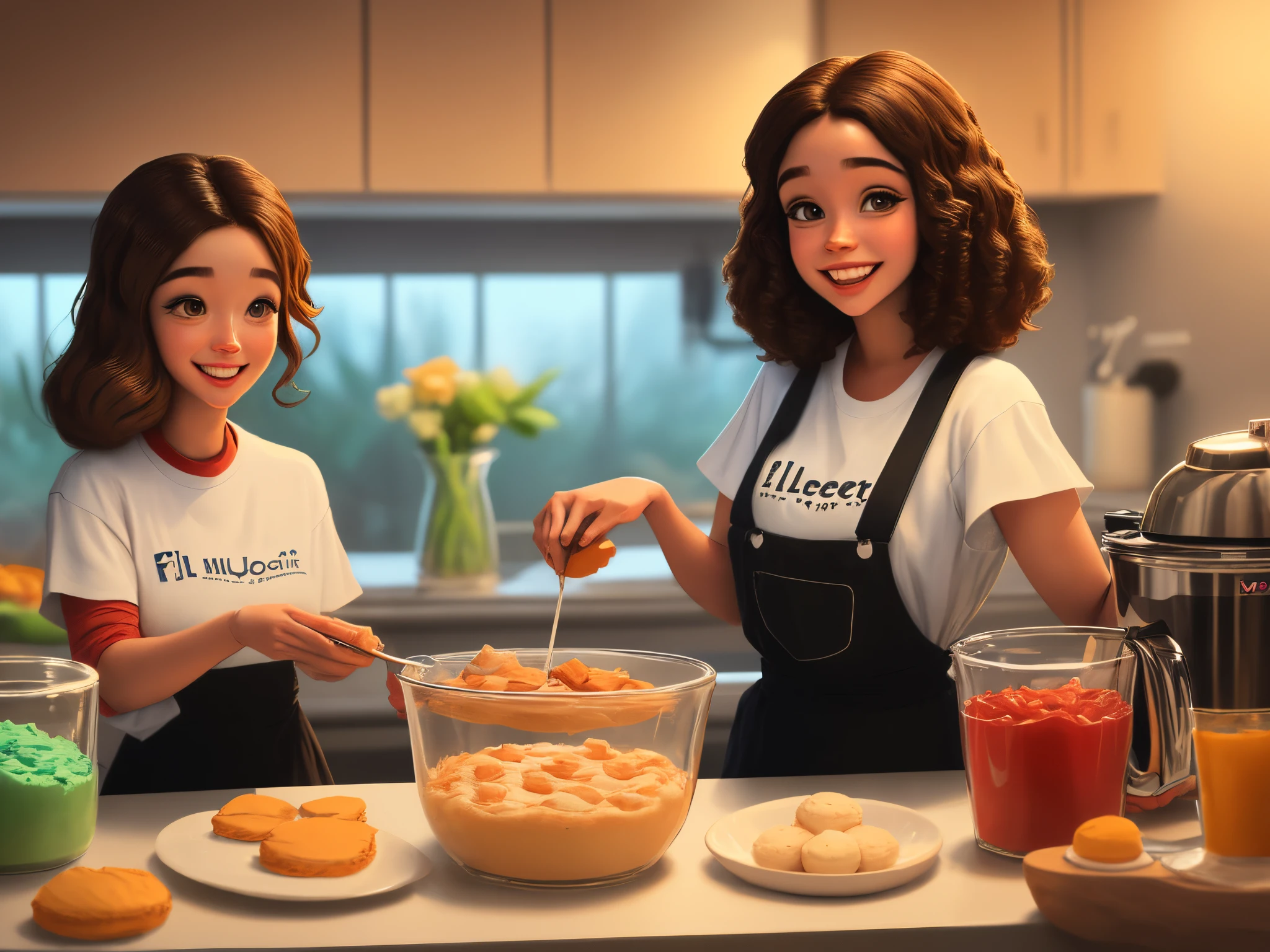 Crie uma personagem de filme da disney
pixar de uma mulher jovem e bonita, cabelos e olhos castanhos,com sorriso
doce , holding a fue in hand and a mixer, em uma cozinha de uma confeitaria de plano de fundo