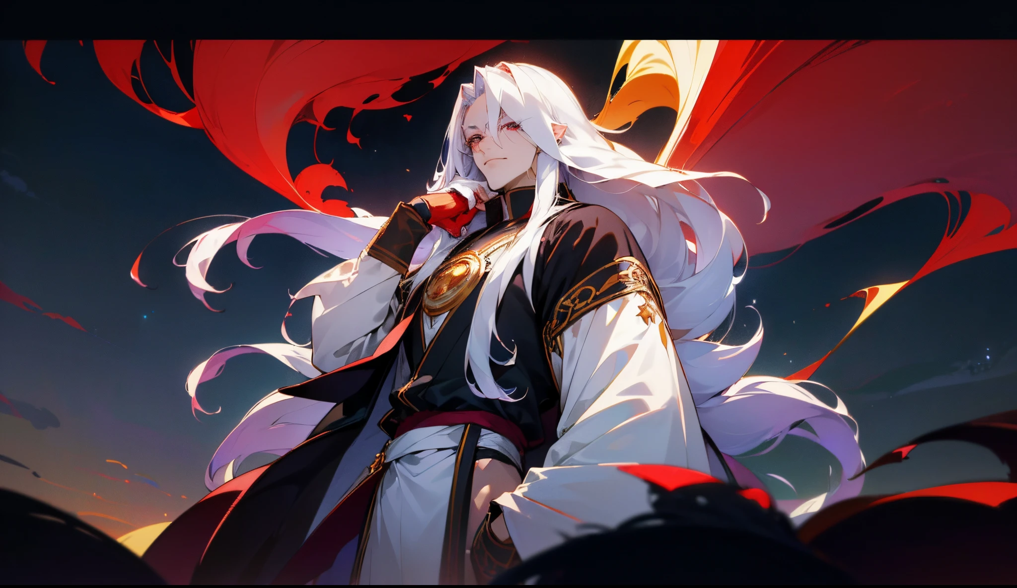 Anime - stylistic image of a man with long white hair and four eyes on his face, A man with white long hair stands half-turned and looks at the camera, ((tmasterpiece)), ((beste-Qualit, hight resolution, ultradetailed), bright colours, ((((1 male)))), Male character, grown up, tall muscular guy, wide shoulders, Strong Character, Fantasy, dnd, person, red-eyes, albino, ((4 eyes)), 2 Pairs of eyes, The Albino Man, Pure White Long Hair, White long hair (hair above one eye), (big hair), white colored hair, slick hair, straight hair, Creating an atmospheric atmosphere, pale skin, macabre, Gloomy design, Has red smoke and aura, eldritch, Creepy, nightmarish, light around the head, Additional lighting, Against the background of the sky, Beautiful and harmonious scene, Exquisite animation, Rich Details (width 672), hiquality, Четкость 4K, 4K Art Wallpaper, Stunning Anime Landscape, 8K Artistic Wallpaper, Anime - style of a beautiful sky scene with a star and planet, cosmic sky. makoto sinkai, Anime Art Wallpapers 4K, in a white kimono, looks at the viewer, canny smile, smirk, muscular back, Men's Back, white-haired god, White silk garment, Gold Pattern, BREAK