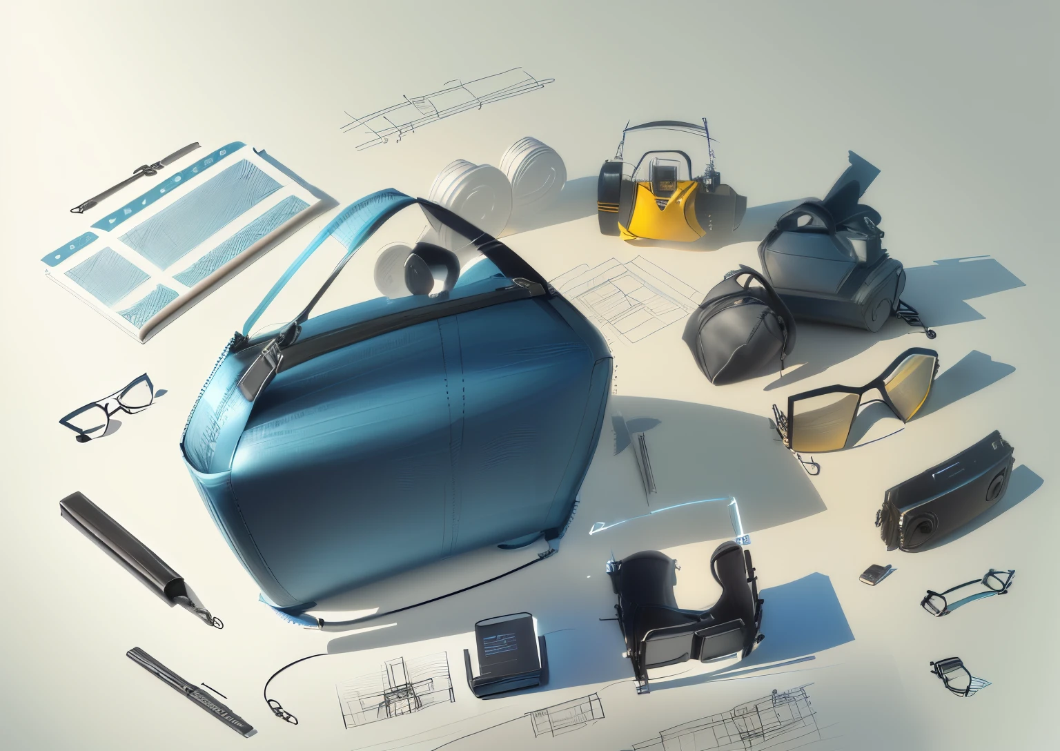 sketches of a purse and a pair of glasses, object concept art, concept sketch, product design concept, technical sketch, concept illustration, industrial design concept, concept sketches, prop design, sketch of oculus rift, concept drawing, concept art, concept art, by Aleksander Kotsis, product design shot, innovative product concepts, form and shape exploration, industrial design blueprint