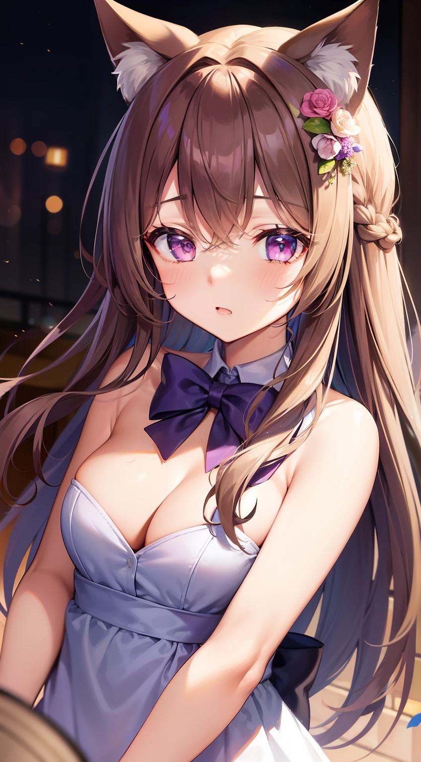 1girl in, Naked, Animal ears, Purple eyes, Brown hair, Wings, Solo, Long hair, blush, Cat ears, Flowers, Looking at Viewer, Braids, the bow, slutty dress, pink flowers, the bow, Hair Accessories, Bangs, Cats, Hair Flower, Animal ear hair, Holding, Virtual Youtuber, blue bow, holding animal, catwoman, stuffed toy