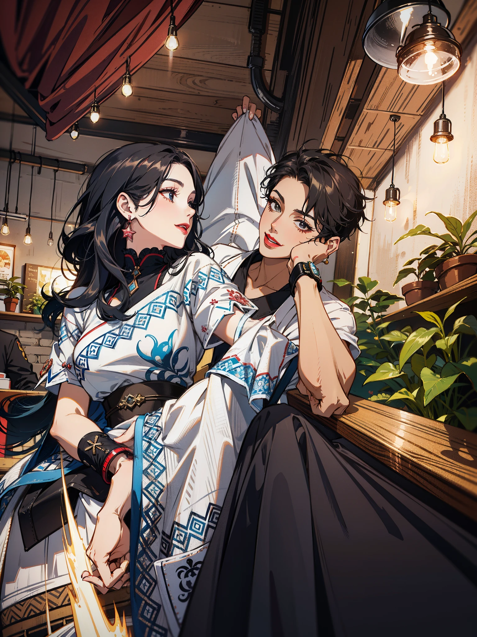 (masterpiece),(best quality:1.0), (ultra highres:1.0), detailed illustration, 8k, anime, Genshin Impact, 1girl, beautiful girl, Girl has Electro Vision, intricate details, black eyes, detailed eyes, black hair, detailed hair detailed, highlights on hair, smile, red lipstick, red lips, detailed lips, 1 boy, young boy, Boy has Pyro Vison, stylish hair, anime style, best quality, detailed, both smiling
