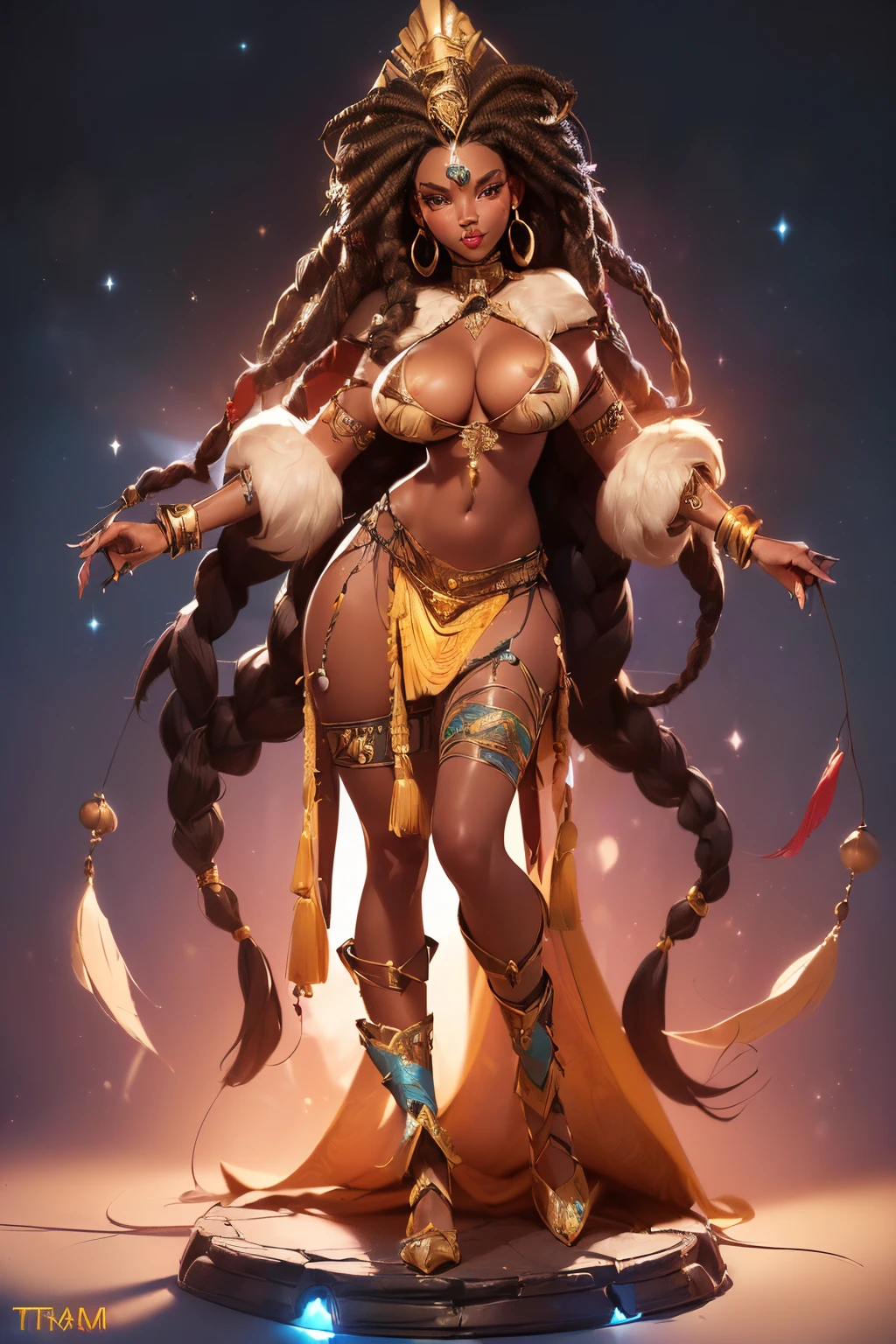 ((complete full body))((sexy tall african supermodel)) ((beautiful face)) (red lipstick) ((big bright eyes)) ((black curly dreadlocks hair with bangs)) ((ebony skin)) ((very huge breast:1.5)) (perfect slender body:1.3) ((wears fantasy shaman tribal fur loincloth with ornament bones and claws))(()) ((fur high heel boots, choker, earrings)) ((wield tribal wand))((sexy supermodel posing inside photo studio for epic camera photoshoot, fantasy mystical voodoo decoration light of reflector over her))(high resolution, dynamic shadows)((photorealistic:1.5)) ((masterpiece:1.3)) (8k) (perfect face) (best quality) (perfect hands and eyes)