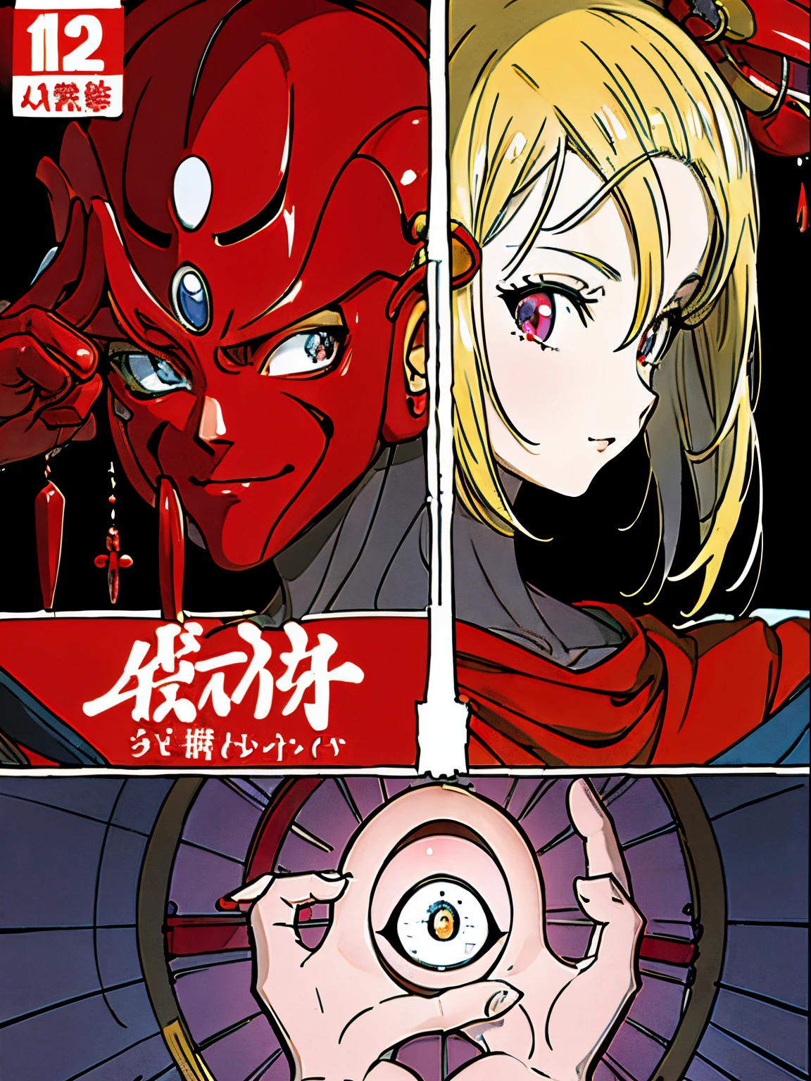 Cover showing the title in Japanese, personagem de corpo inteiro, rosto feliz, vermelho escuro , destreza, alta qualidade, eye correction. Manga-style cover.