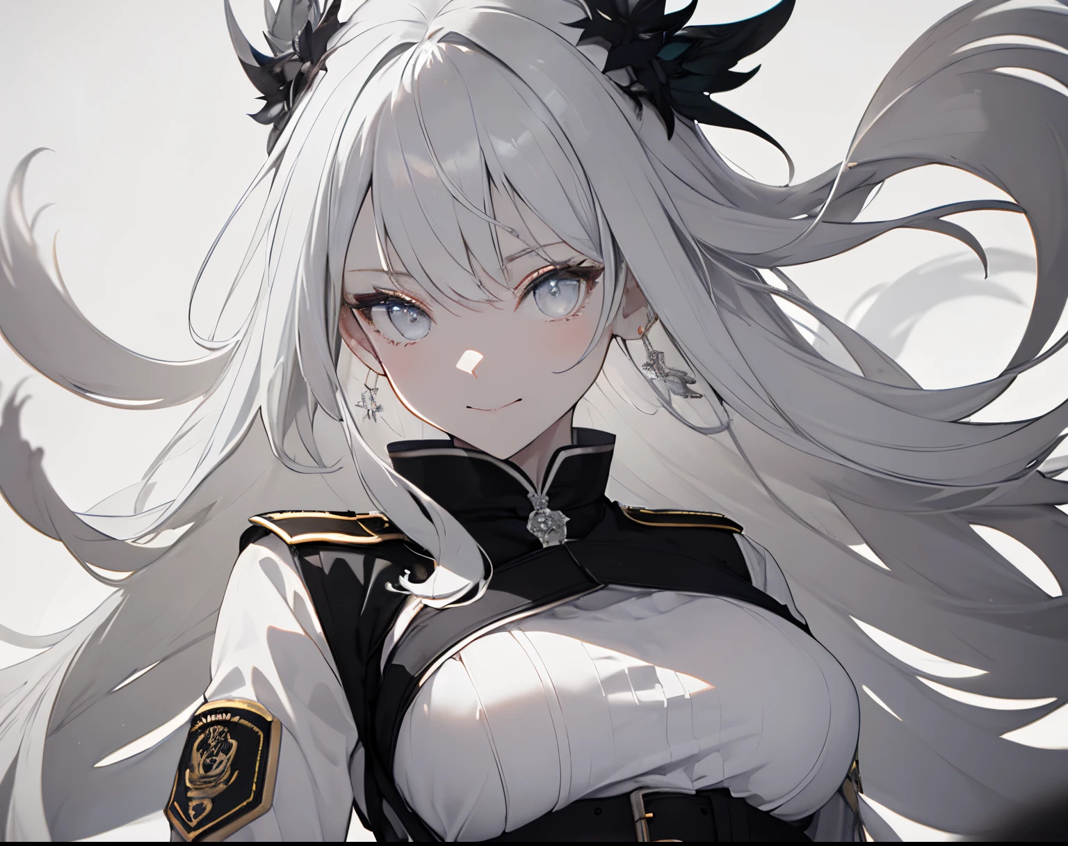 【Highest Quality, masutepiece】 [girl, Manteau, expressioness, pale gray eyes, front facing, pale gray hair, Upper body] (Gray white background:1.7), Full body、White one-piece military uniform、 Pale white head of hair,(masutepiece:1.2, Best Quality), (finely detailed beautiful eye: 1.2), (beautifull detailed face), High contrast, (Best Illumination, extremely delicate and beautiful), ((Cinematic Light)), Colorful, Hyper Detail, Dramatic light, Intricate details, Shining eyes, long hair flowing with the wind、large full breasts、Belt under boobs、White military uniform, White skirt, pale gray hair, Belt under the chest, gotik、A smile
